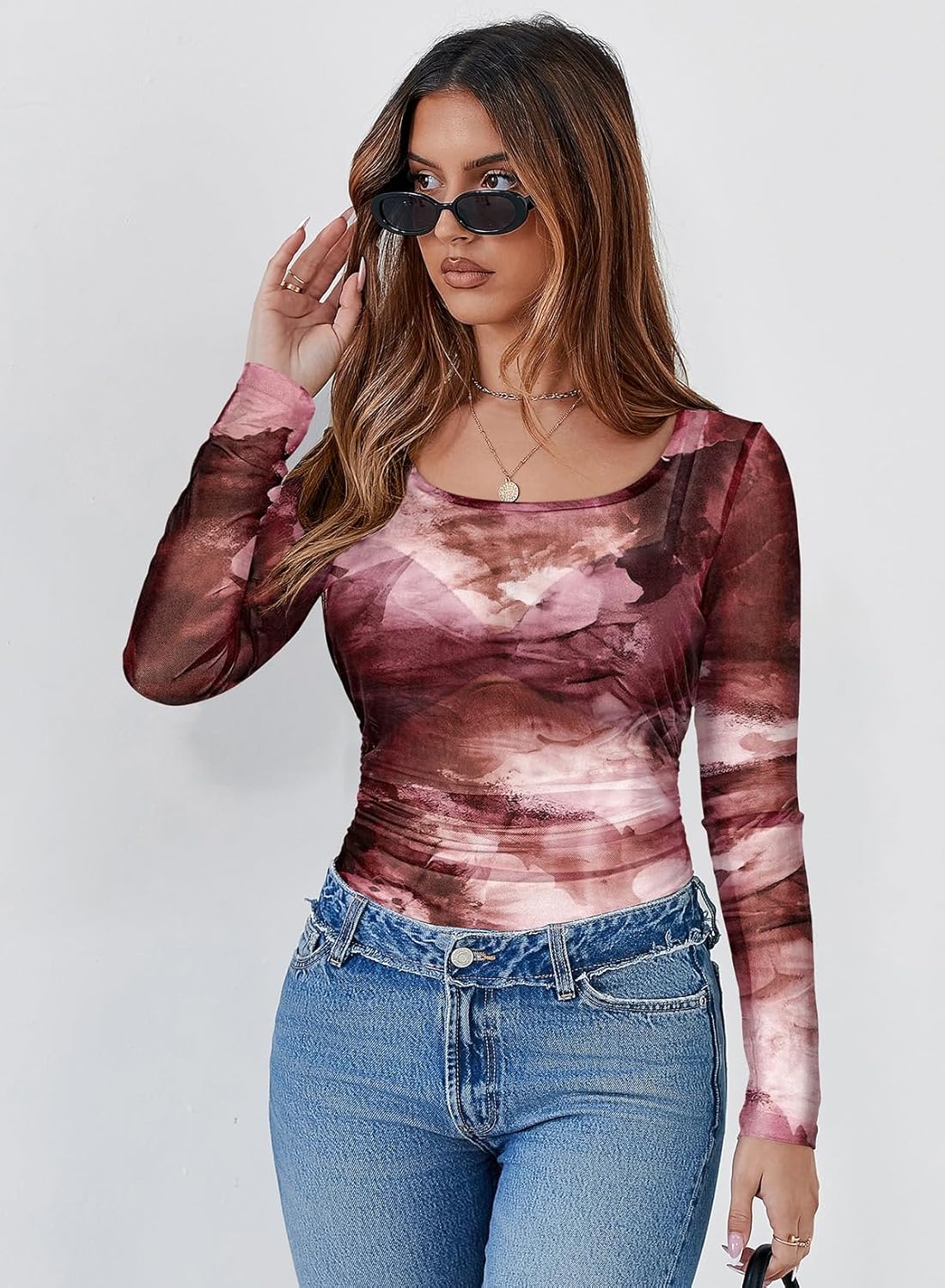 Pink Queen Mesh Top for Women Long Sleeve See Through Shirt Scoop Neck Sheer Blouse - Image 5