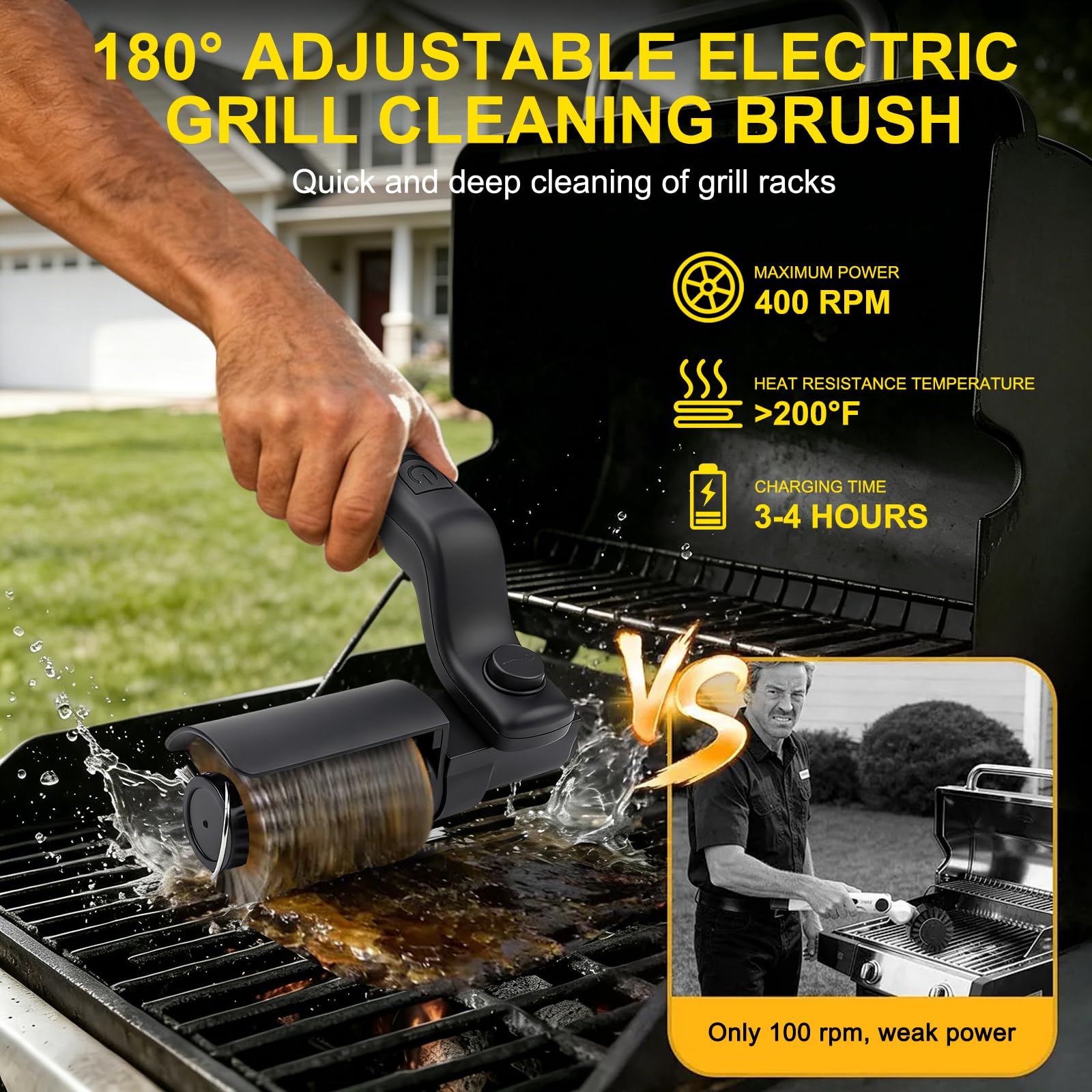Nikou Spazzola elettrica per barbecue, spazzola per grigliate, funzionamento a batteria, angolo regolabile di 180°, pulizia a 3 livelli, spazzola per la pulizia per griglie elettriche, griglia a gas