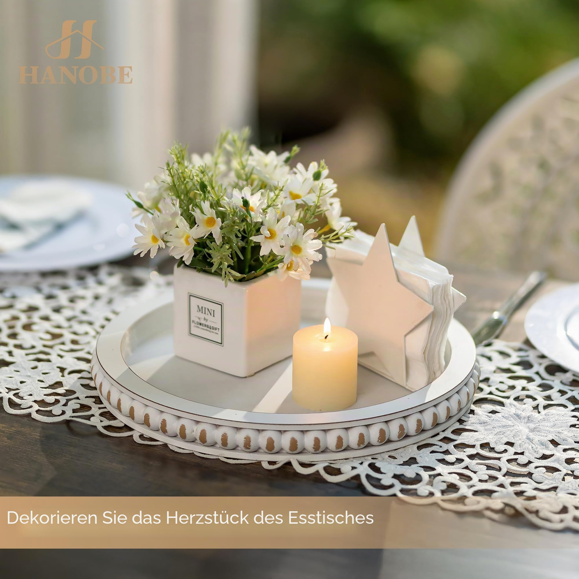 Hanobe Deko Tablett Rund Holztablett: Landhaus Tabletts Weiß Gealtert für Wohnzimmer Couchtisch 30cm Shabby Chic Holz Dekoteller mit Perlen für Küche Esstisch