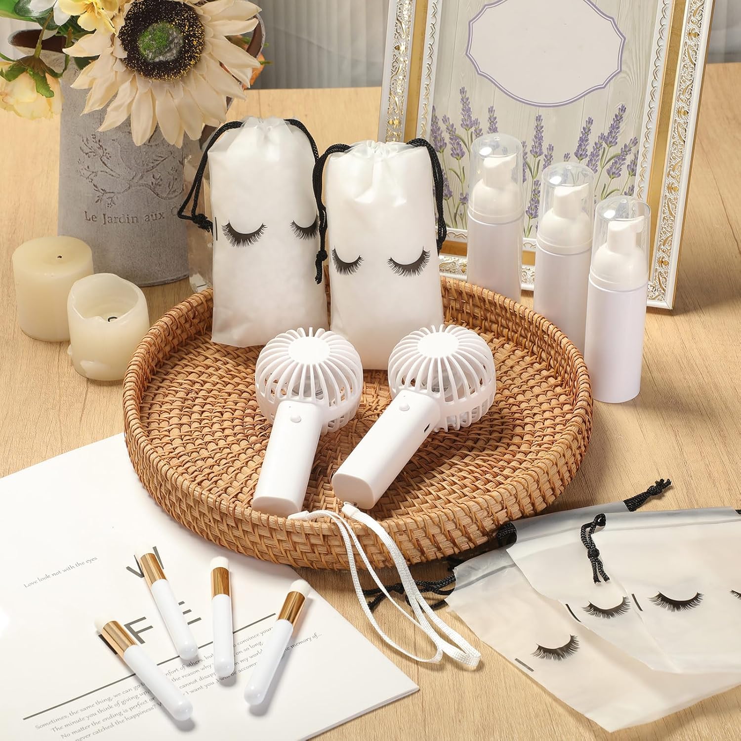 Woanger 24 Pcs Lash Shampoo Kits Rechargeable Handheld USB Portable Fans Eyelash Shampoo Brush Empty Bottle Wedding Gift Employee Appreciation Gift (400mah,White)