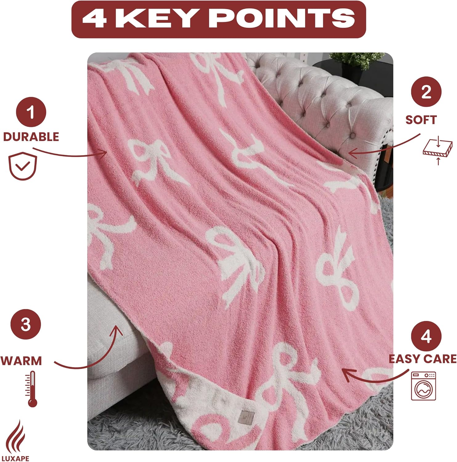 Bow Blanket Pink Bows Soft Throw Blanket Reversible Premium Cozy Fabric for Best Comfort - for Infant,Toddler,Newborn,Nursery,Girl,Throw,Crib,Stroller,Gift, (Pink Bows, 50x60 in)