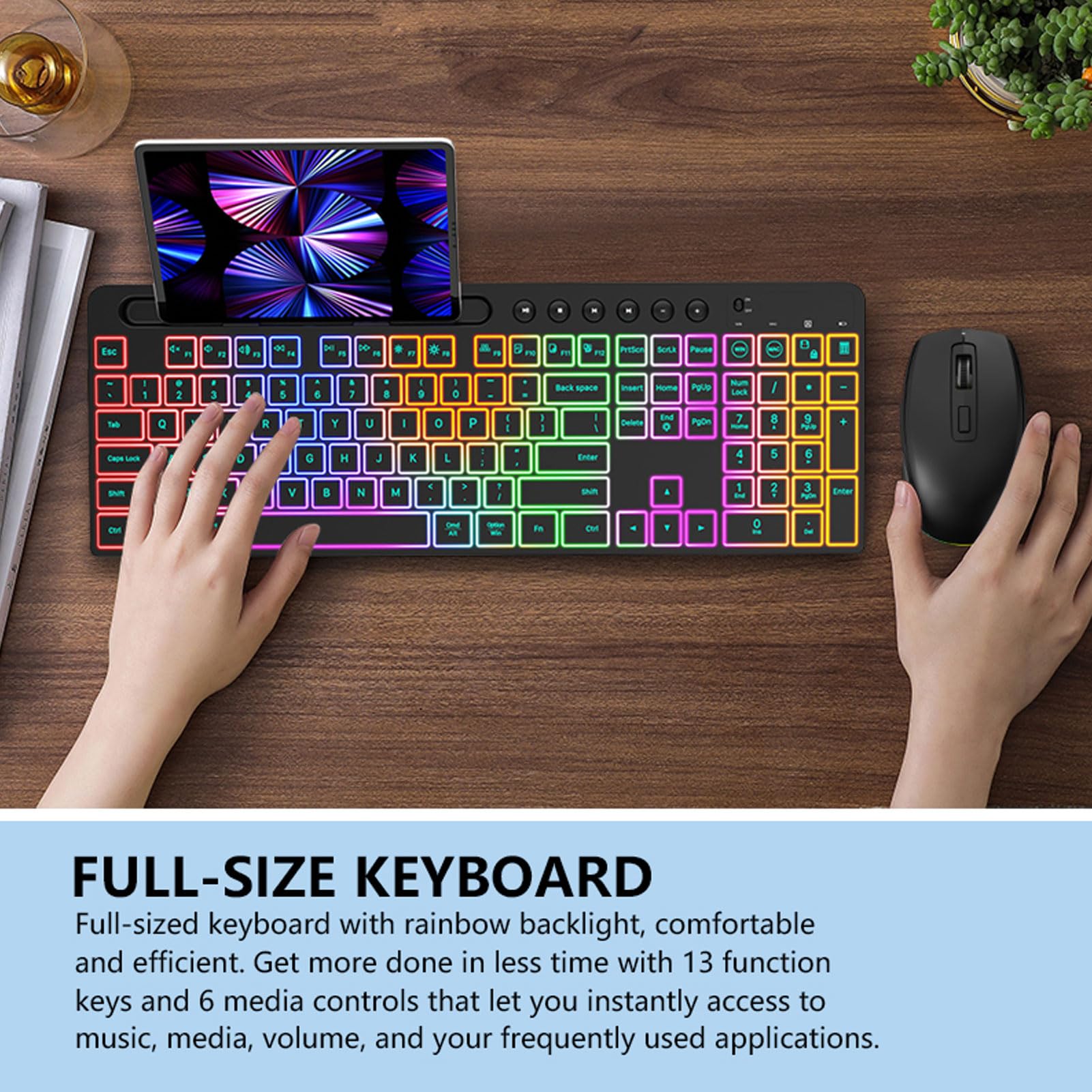 Tosuny Clavier et Combo de Souris sans Fil, 2,4 G de Touches RVB 115 avec pavé Numérique, Support de Tablette de Téléphone, Rechargeable, 6 Touches 3 - Souris DPI pour PC/Tablette