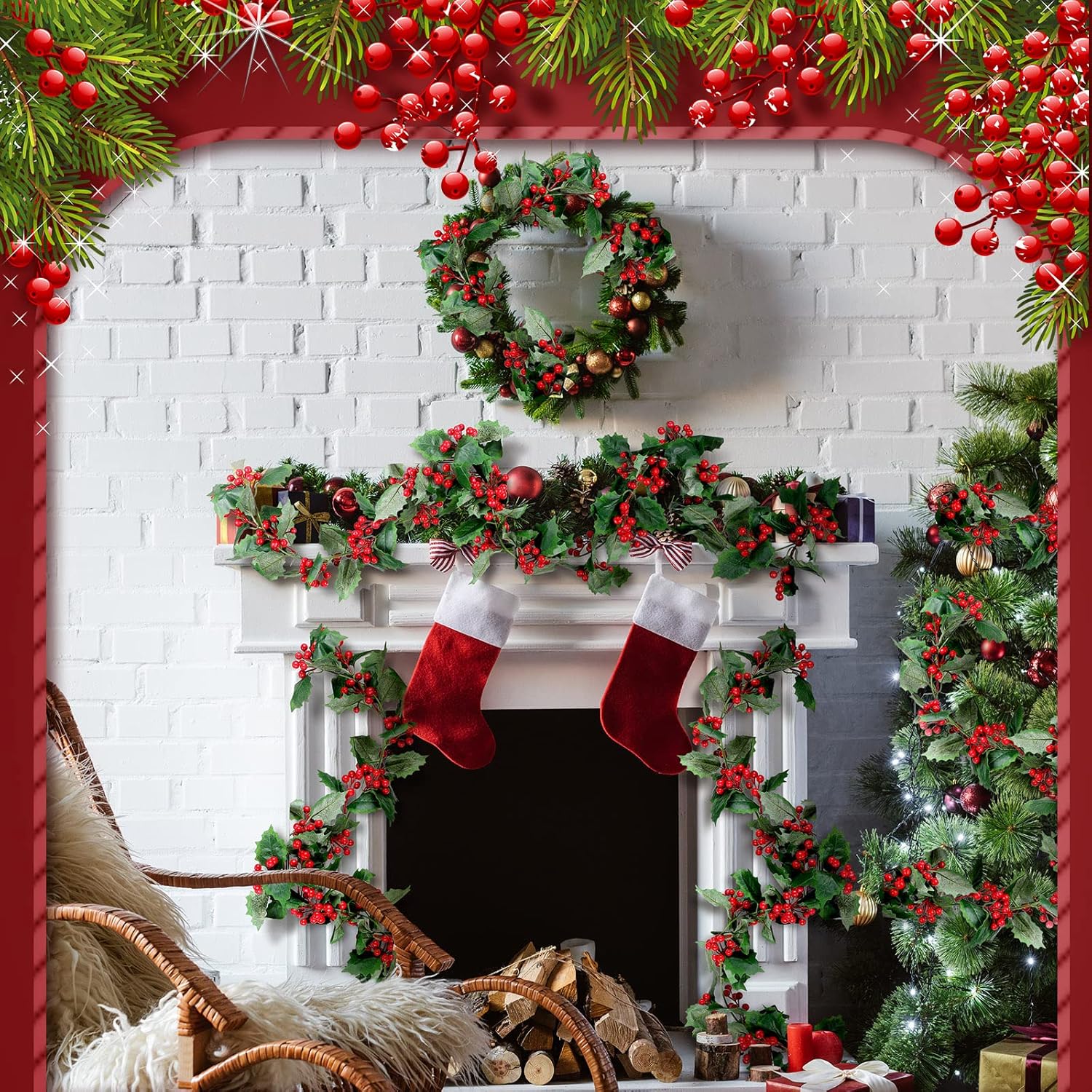 12 ft Red Berry Christmas Garland Flexible Artificial Berry Indoor Outdoor Home Fireplace Decoration Xmas Pine Farmhouse Garland for Winter Christmas Holiday New Year Party(Red, Green)