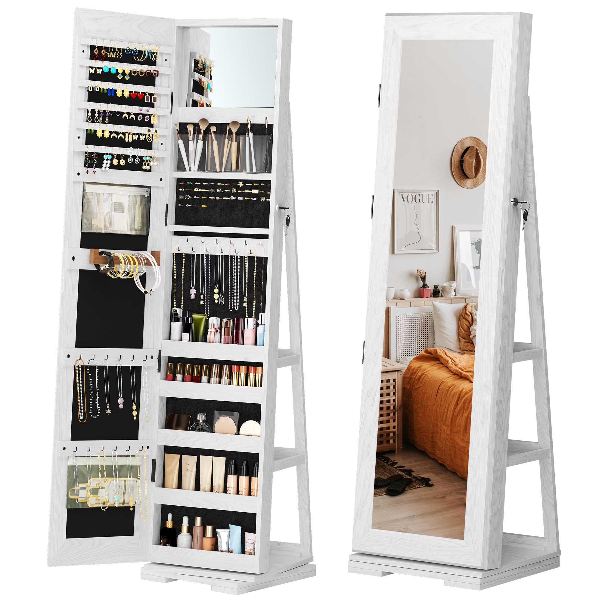 Armadietto portagioie con specchio, richiudibile a specchio, girevole a 360°, con 3 ripiani, grande contenitore per gioielli, 160 x 38 x 38 cm (bianco)