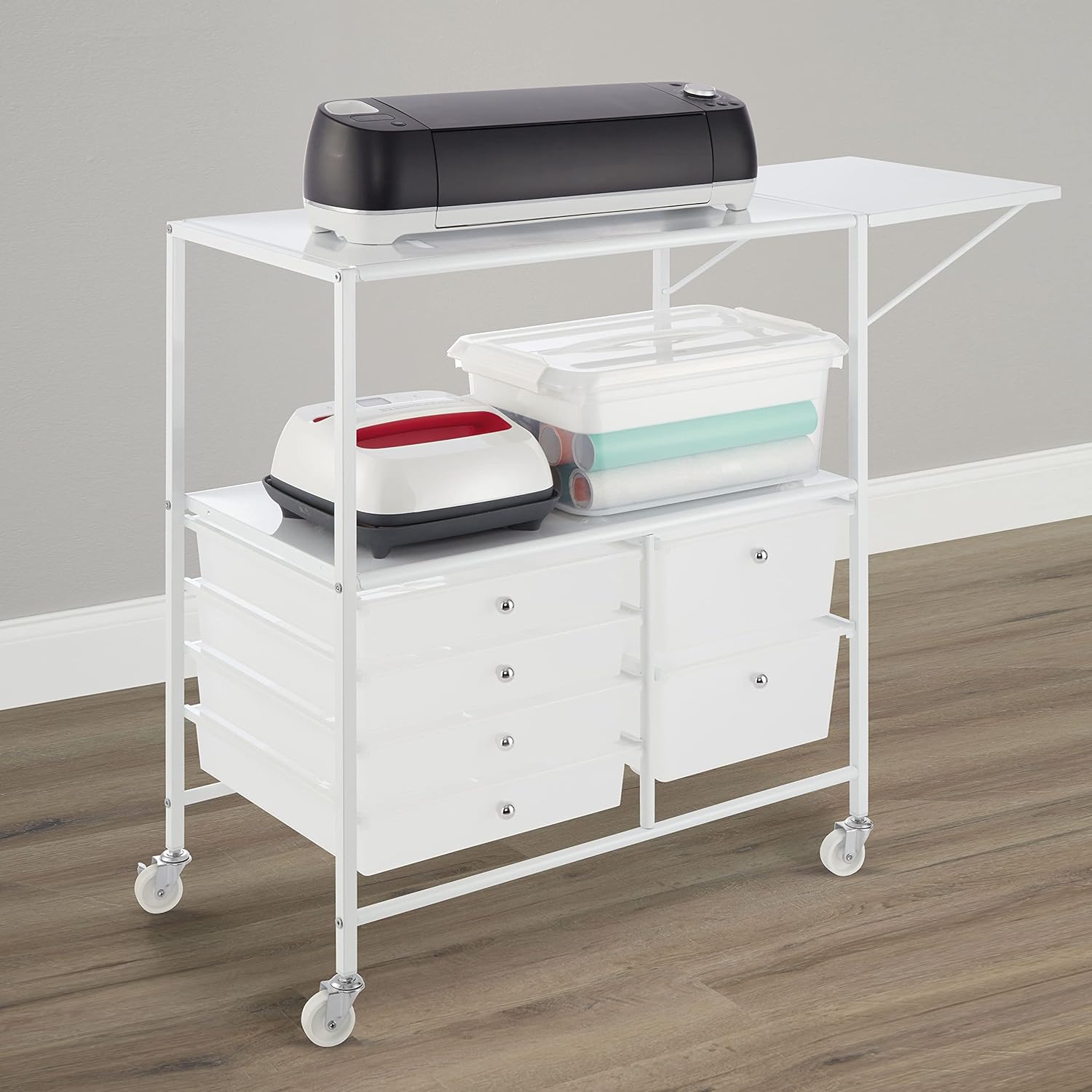 White Metal and Plastic Rolling Storage Cart with Drawers and Extendable Table