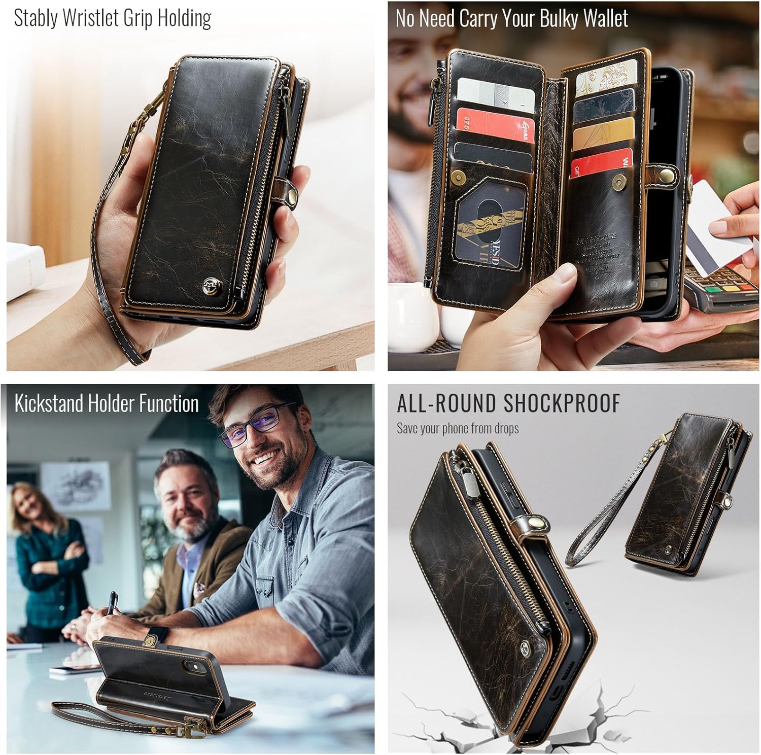 Defencase Compatible with iPhone Xs MAX Case Wallet with RFID Blocking Card Holder for Women Men, Fashion PU Leather Magnetic Snap Flip Zipper Strap Wallet Phone Case Fit for iPhone Xs MAX, Coffee