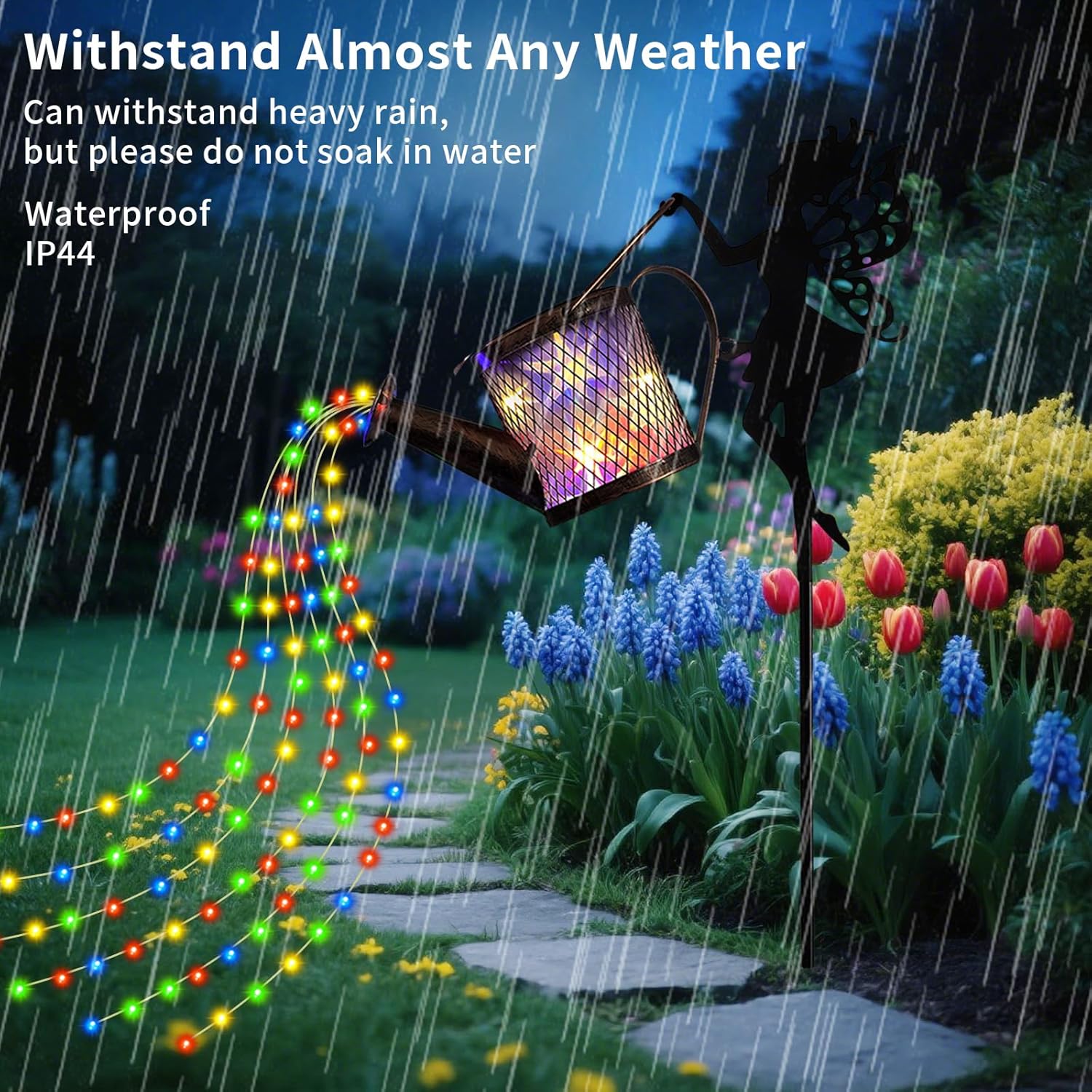 Solar Light Watering Can with Fairy Garden Decor, Solar Powered Metal Statues with Cascading Lights for Lawn, Pathway, Garden Decoration, Waterproof, Ideal Gift for Outdoor Decor（Colorful）