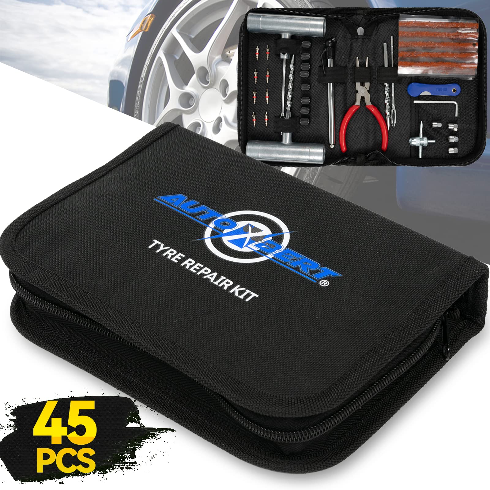 Kit de reparación portátil de neumáticos de coche, 45 piezas, herramienta de reparación de pinchazos de neumáticos para coches, motocicletas, ATV, cortacésped, tractores, camiones