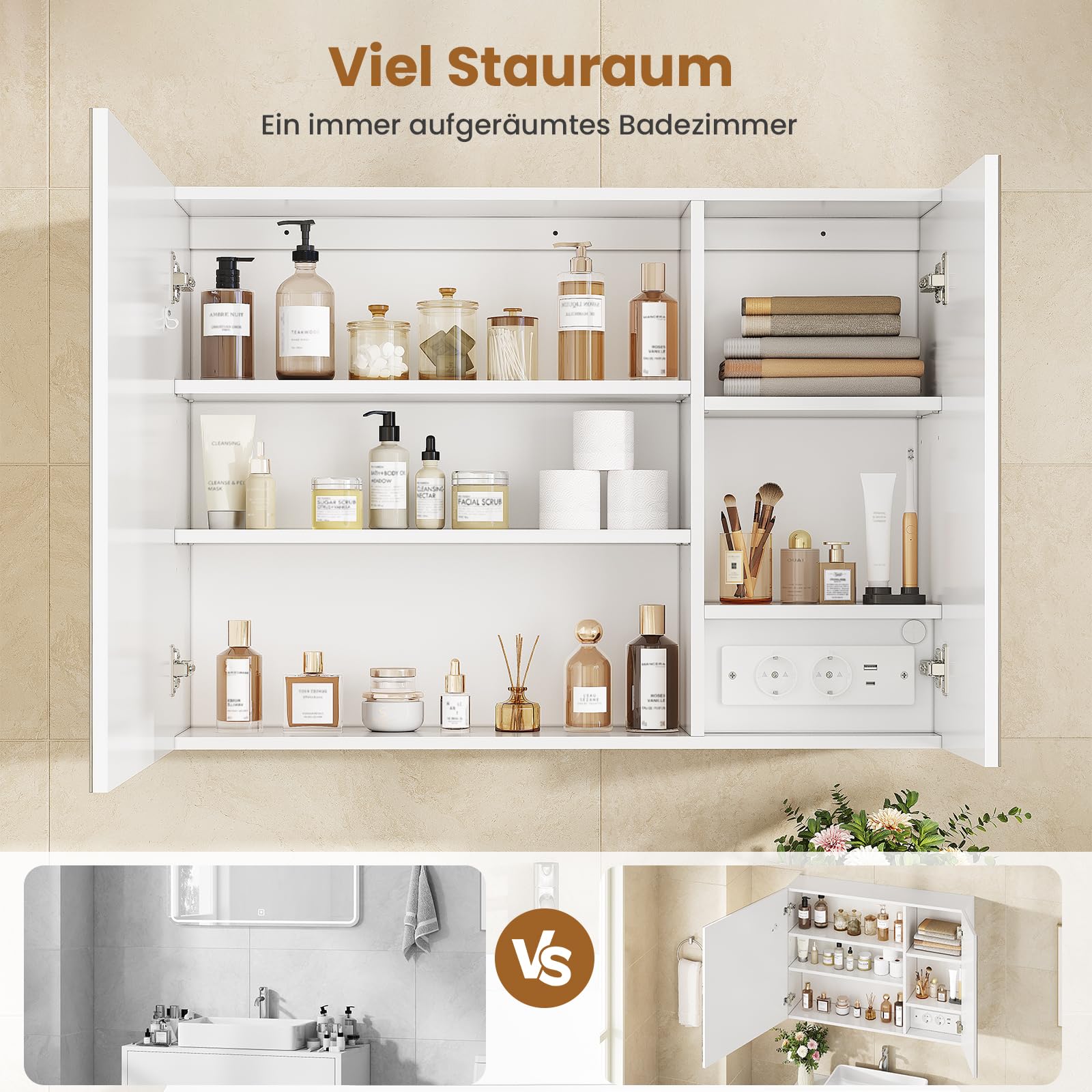 Spiegelschrank Bad 80 cm breit mit LED-Beleuchtung und Steckdose, 16 x 60 x 80 cm, Badezimmerschrank mit HD Spiegel, 3 Verstellbaren Regalen, 3 Farbtemperaturen | Dimmbarer, Badschrank, Weiß