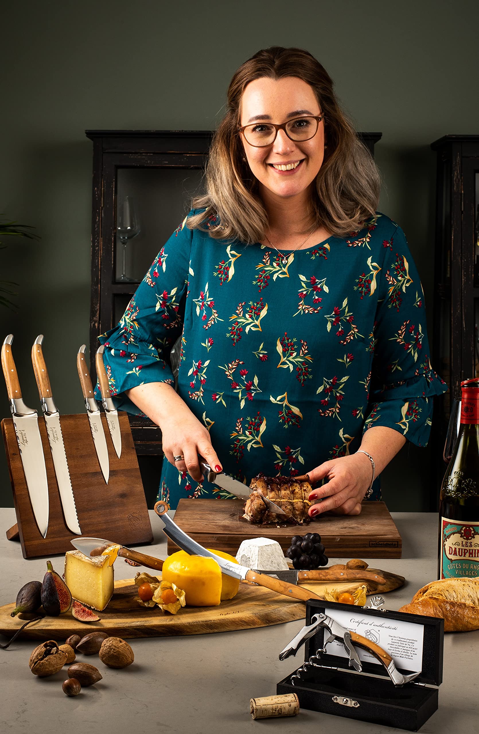 Laguiole Style de Vie Sacacorchos, abrebotellas con cortador de láminas, madera de olivo