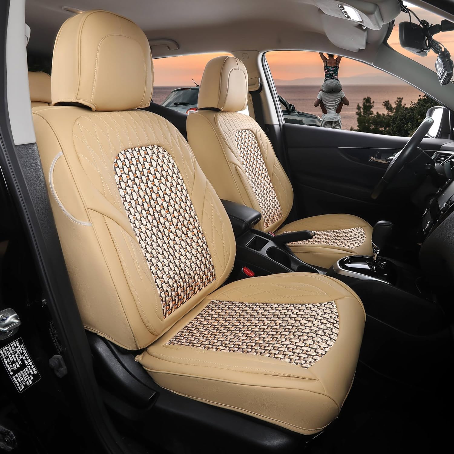 FREESOO Car Seat Covers Full Set, Breathable Seat Cover for Cars, Leather Seat Covers Waterproof Protector Universal Fit for Most Sedan SUV Pick-up Truck Beige