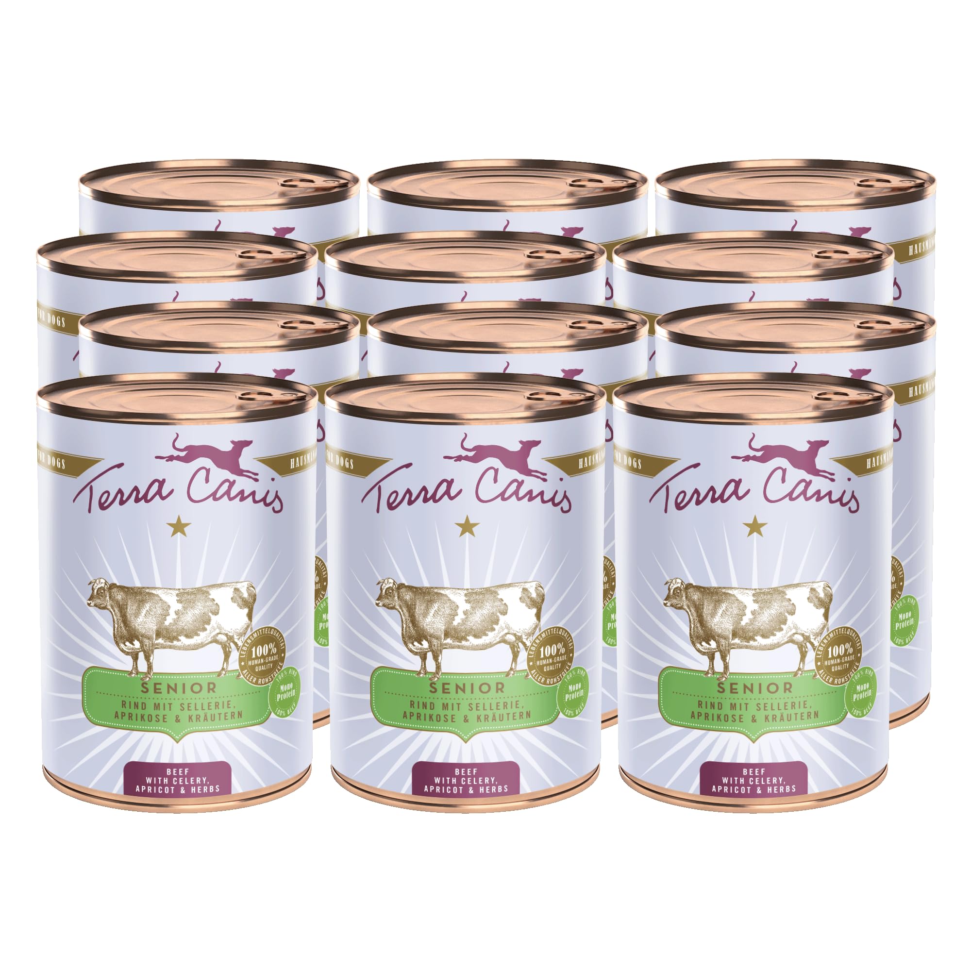 Terra Canis Buey con apio, Comida húmeda Senior para Perros, 12x400g | 100% calidad alimentaria de todas las materias primas, con hierbas medicinales, receta adaptada a la edad, bajo en cereales