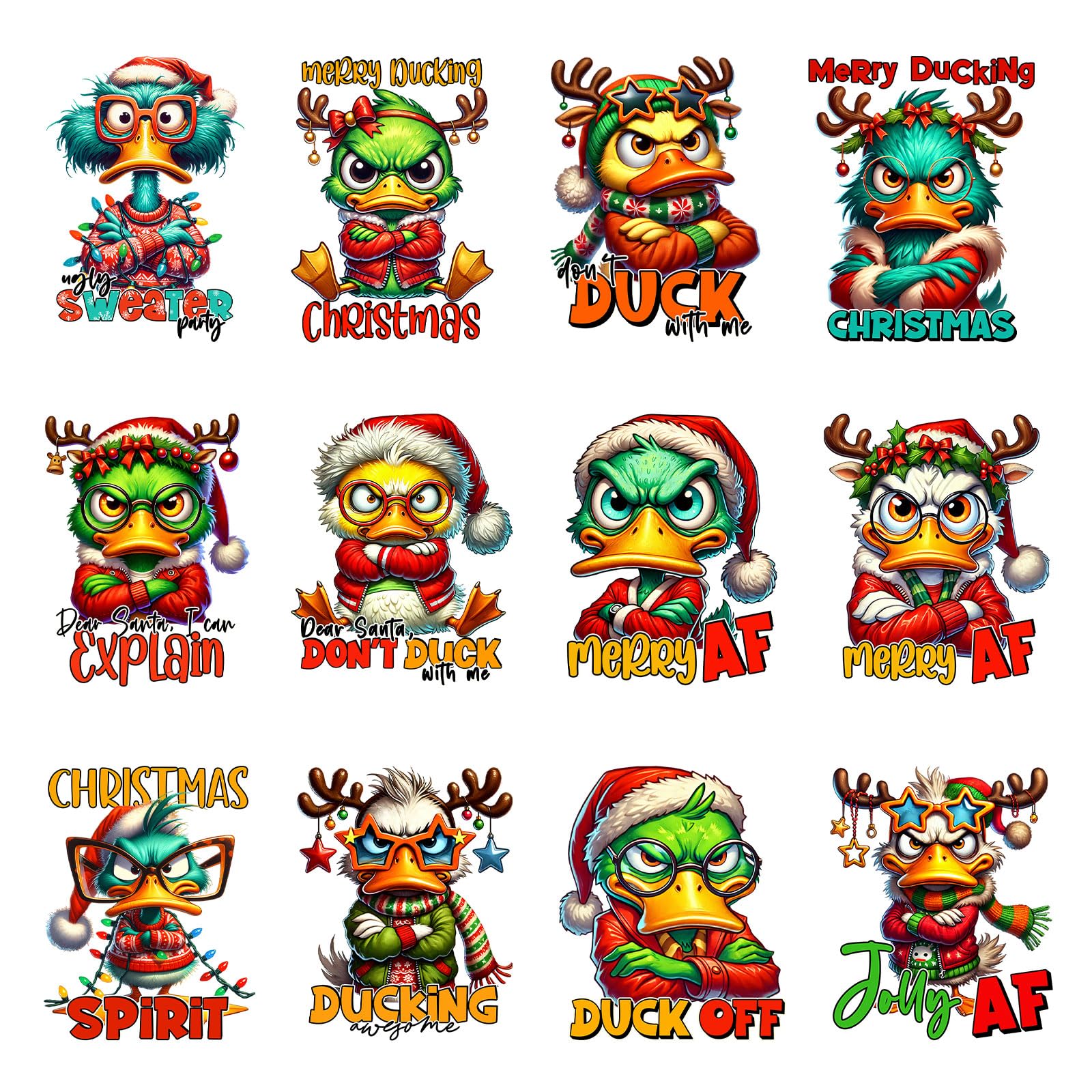 12pcs Christmas Sarcastic Grumpy Duck Iron on Decals Heat Transfer Vinyl Sticker Patches Washable Thermal Transfer Appliques DIY Craft Decor for T-Shirt Clothes Pillow Cover