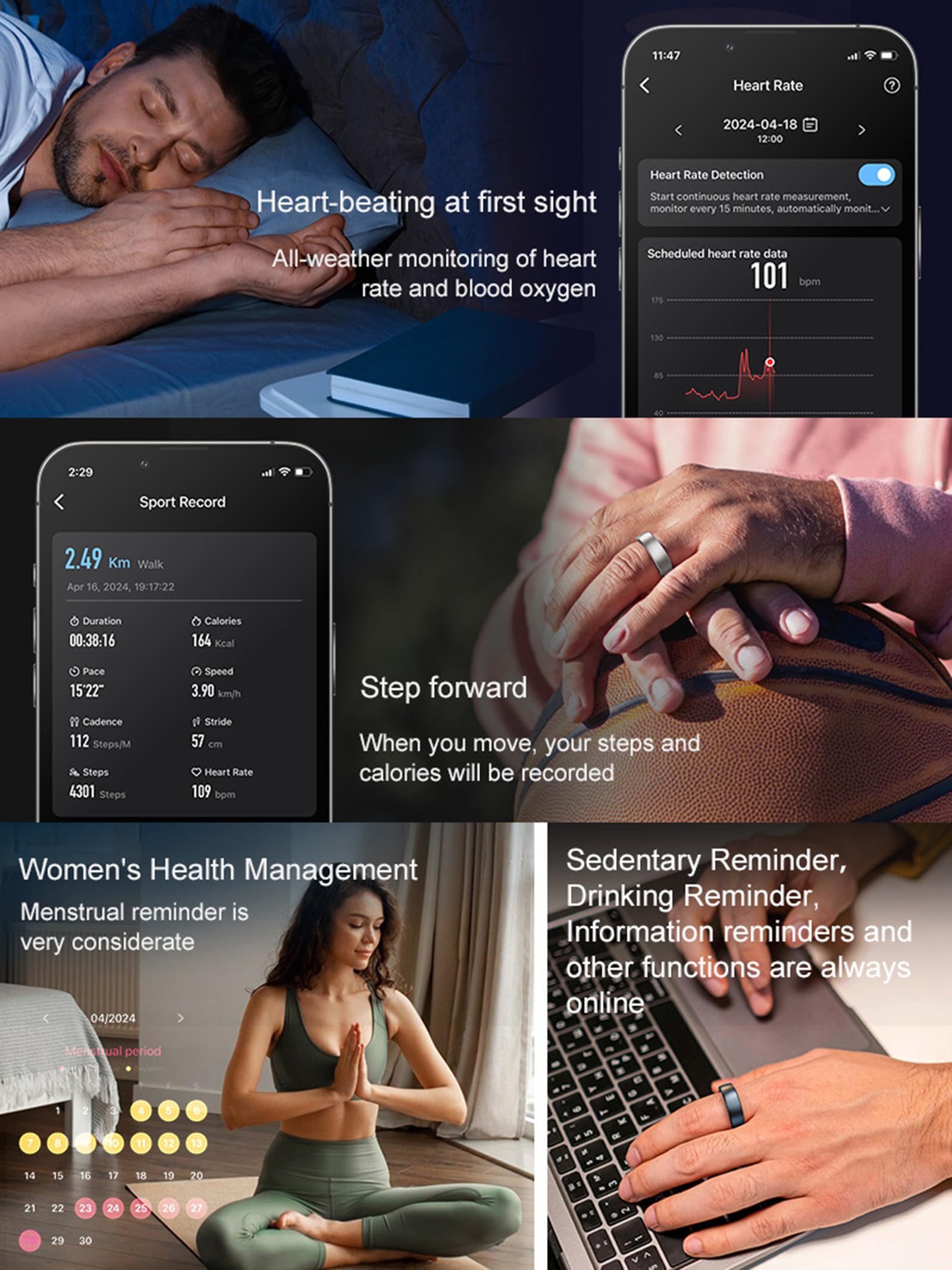 Anello intelligente per fitness, anello per uomo, donna, anello per sonno, frequenza cardiaca, stress, tracker di attività, IP68, impermeabile, controllo gestuale, contapassi, anello fitness Android