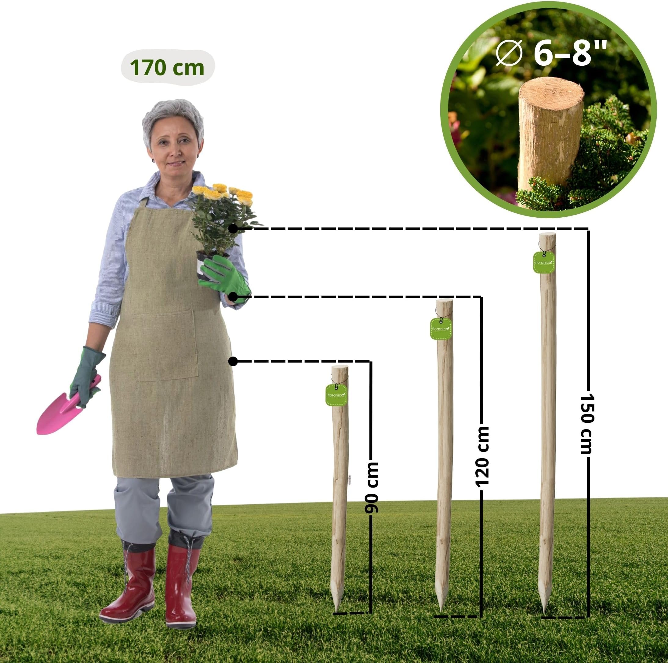 Floranica® - Round fence post, stake in 3 sizes, hazelnut wood, 3 U-nails incl., peeled and sharpened on one side, perfect as picket, paling fence, as post for gates, Height:90 cm