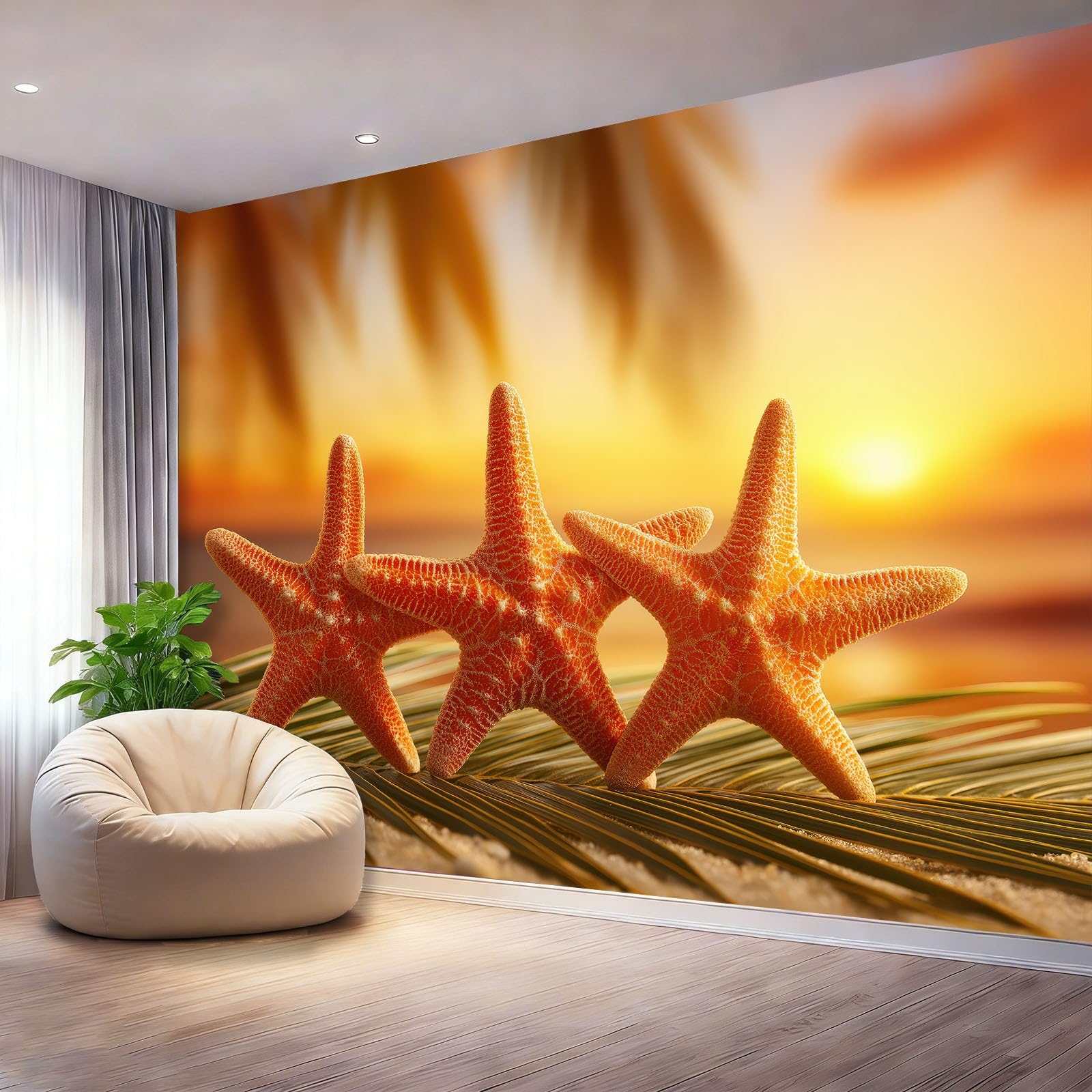 Fototapeta Naturalna Rozgwiazda Liście Palmowe Kolor Pomarańczowy Tapeta z włókniny Dekoracja Salon Sypialnia Biuro, 400 x 280 cm