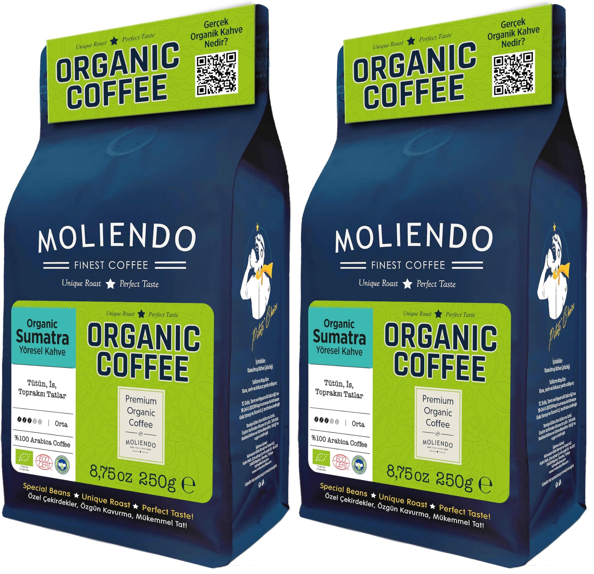 Moliendo Finest Coffee Organic Indonesia Sumatra Yöresel Kahve (Çekirdek) 250 g (2 paketi)