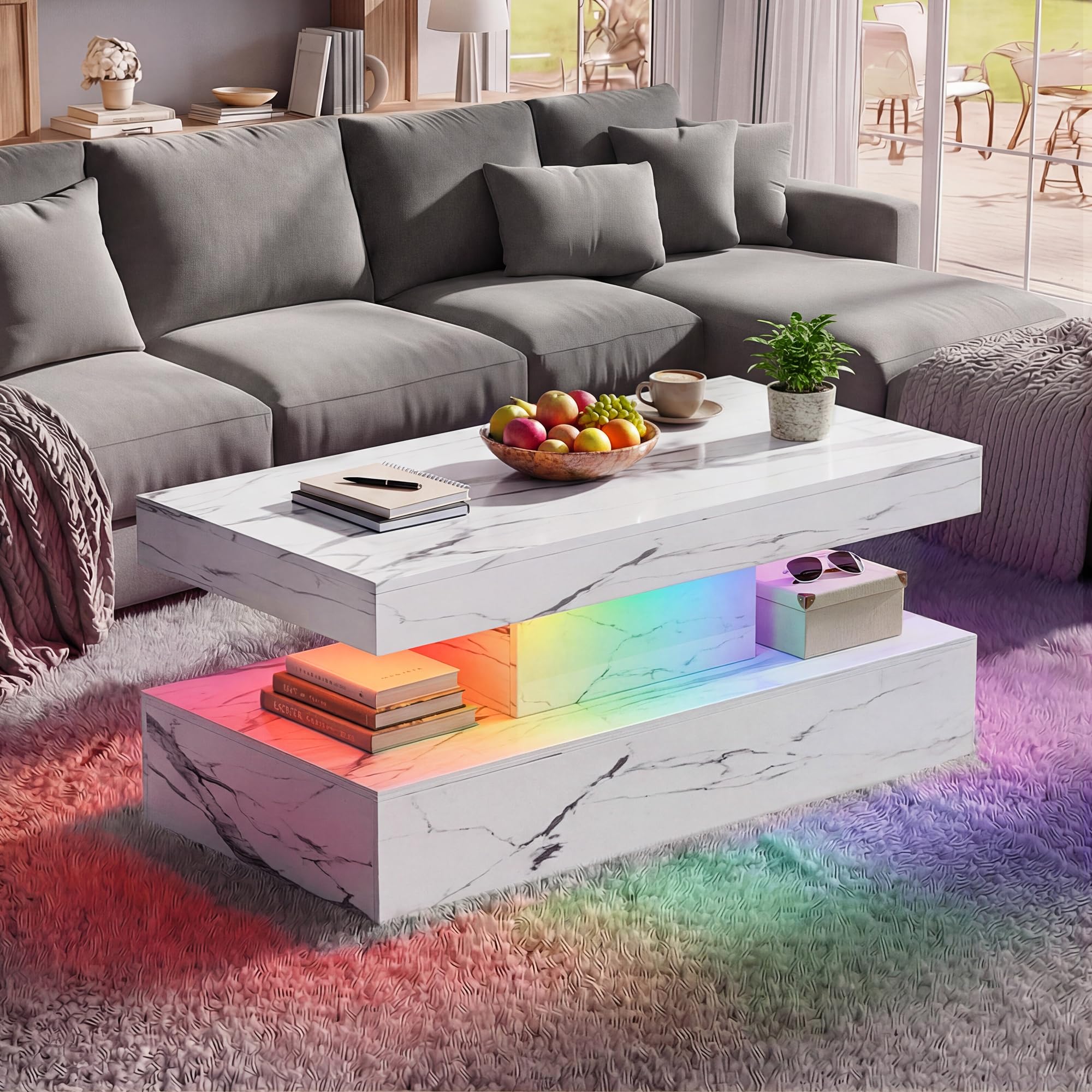 40" Modern Coffee Table with Storage Shelf, Faux Marble Fixed‑Top Center Table with LED Ambient Light, 2‑Tier Accent Table for Living Room & Small Spaces, White