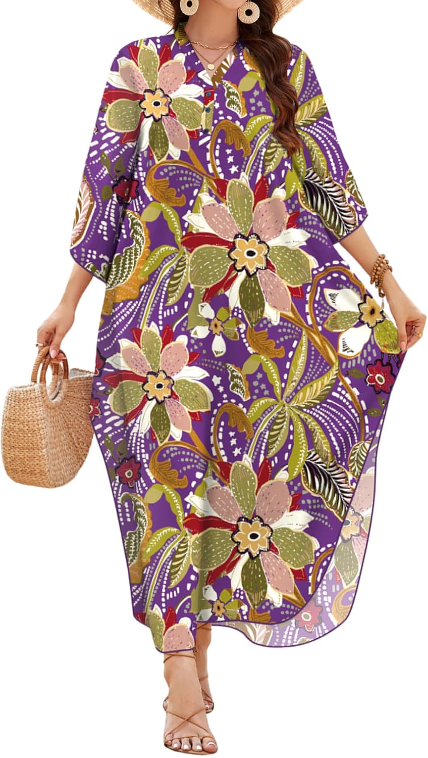 MAKABO Kaftan Dresses for Women Caftans Moo Moos V Neck Beach Swimsuit Cover Up Boho Hawaii Maxi Dress