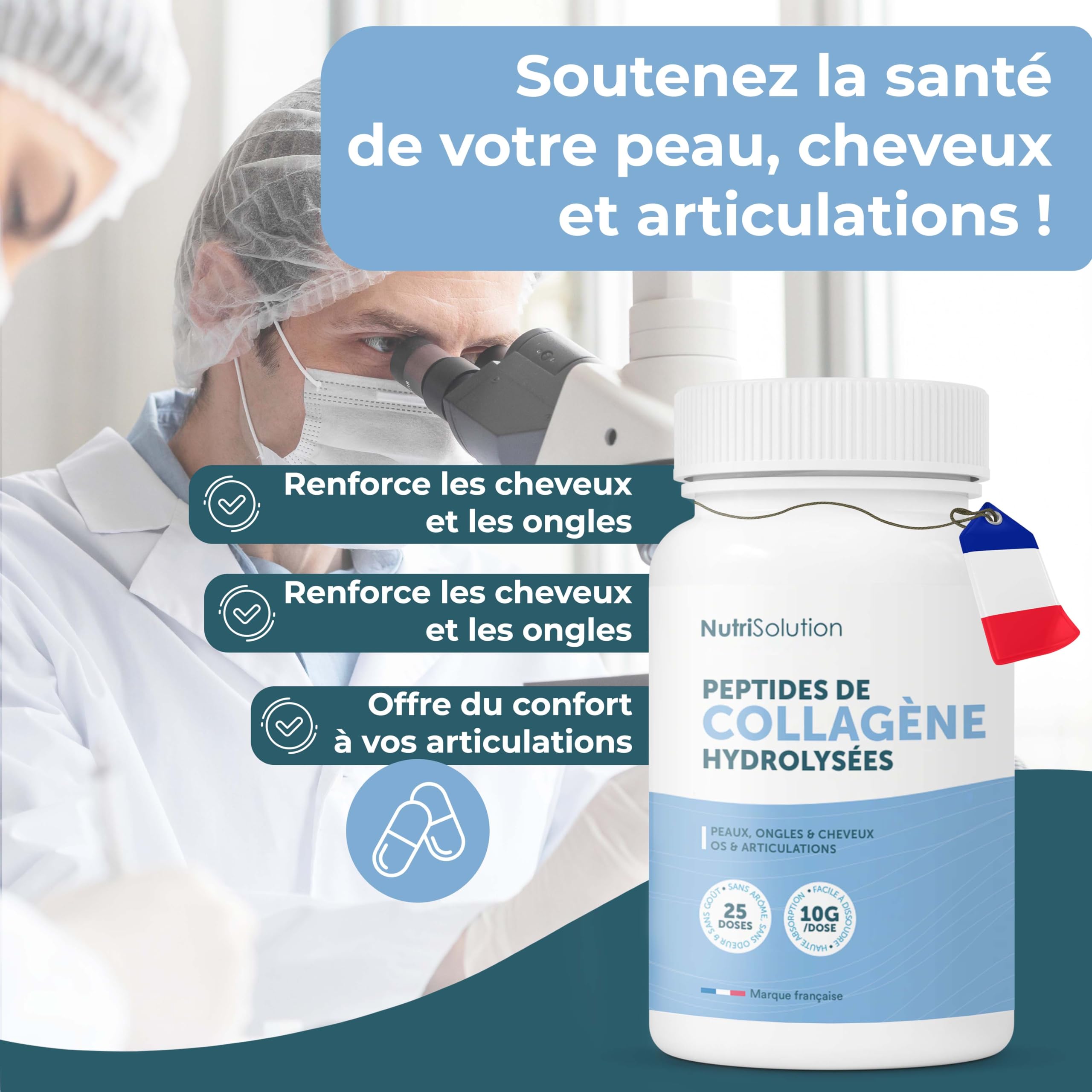 NutriSolution Peptides de Collagène Hydrolysé - Collagène Bovin Type I & III Nourri à l'Herbe pour Peau, Cheveux, Ongles, Articulations & Os - Sans Saveur, Sans Sucre, 25 Doses - Fabriqué en Suède (3)