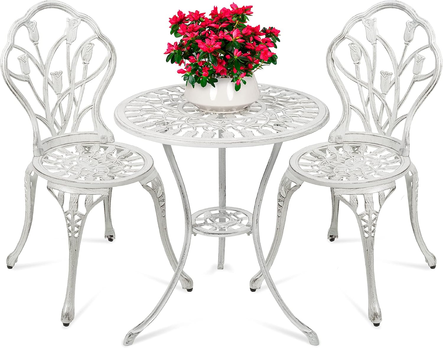 Best Choice Products 3-Piece Outdoor Rust-Resistant Cast Aluminum Patio Bistro Set w/Tulip Design, Antique Finish - White