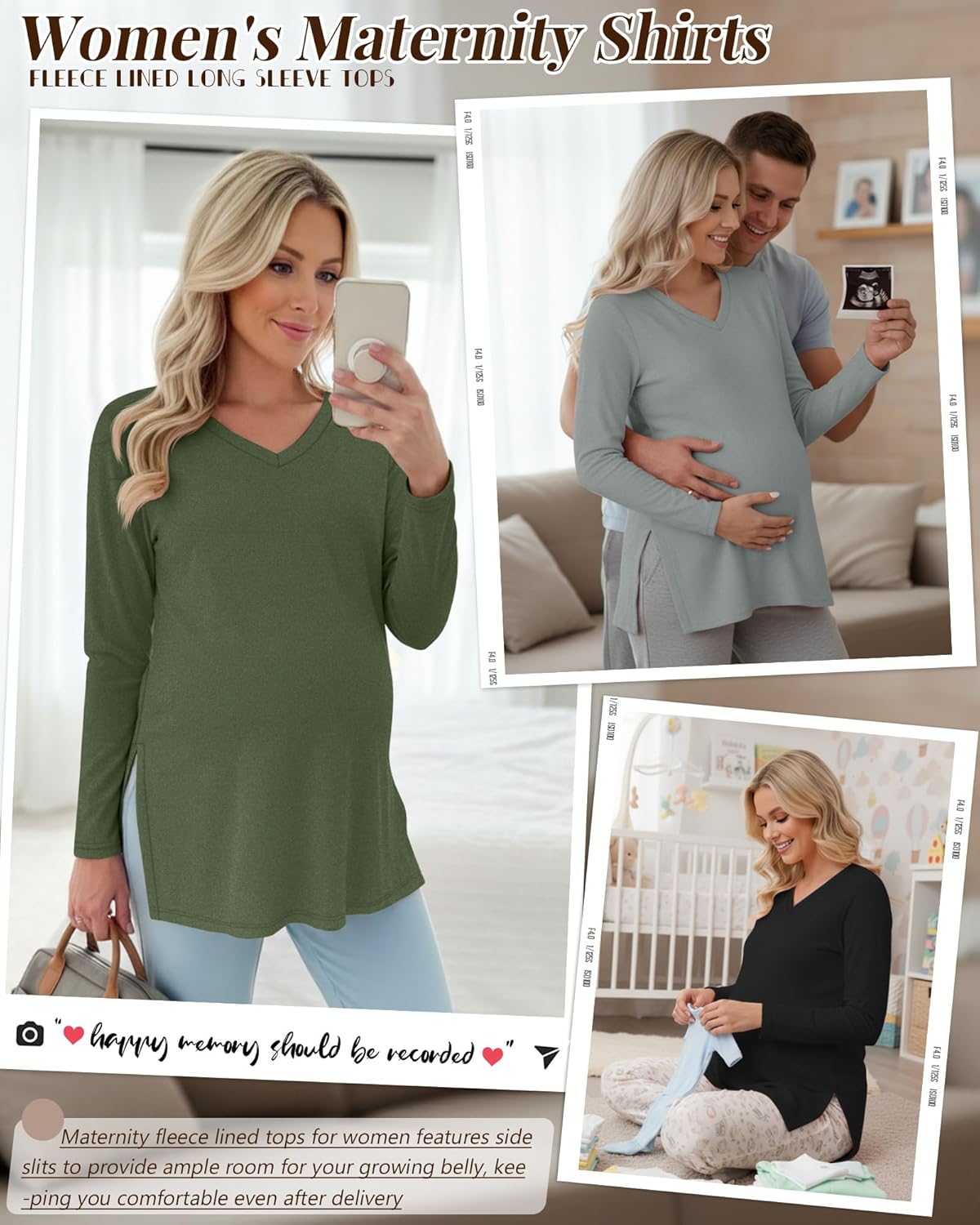 3 Pack Women's Thermal Maternity Shirts Fleece Lined Long Sleeve Tops Split Side V Neck Pregnancy Clothes - Image 4