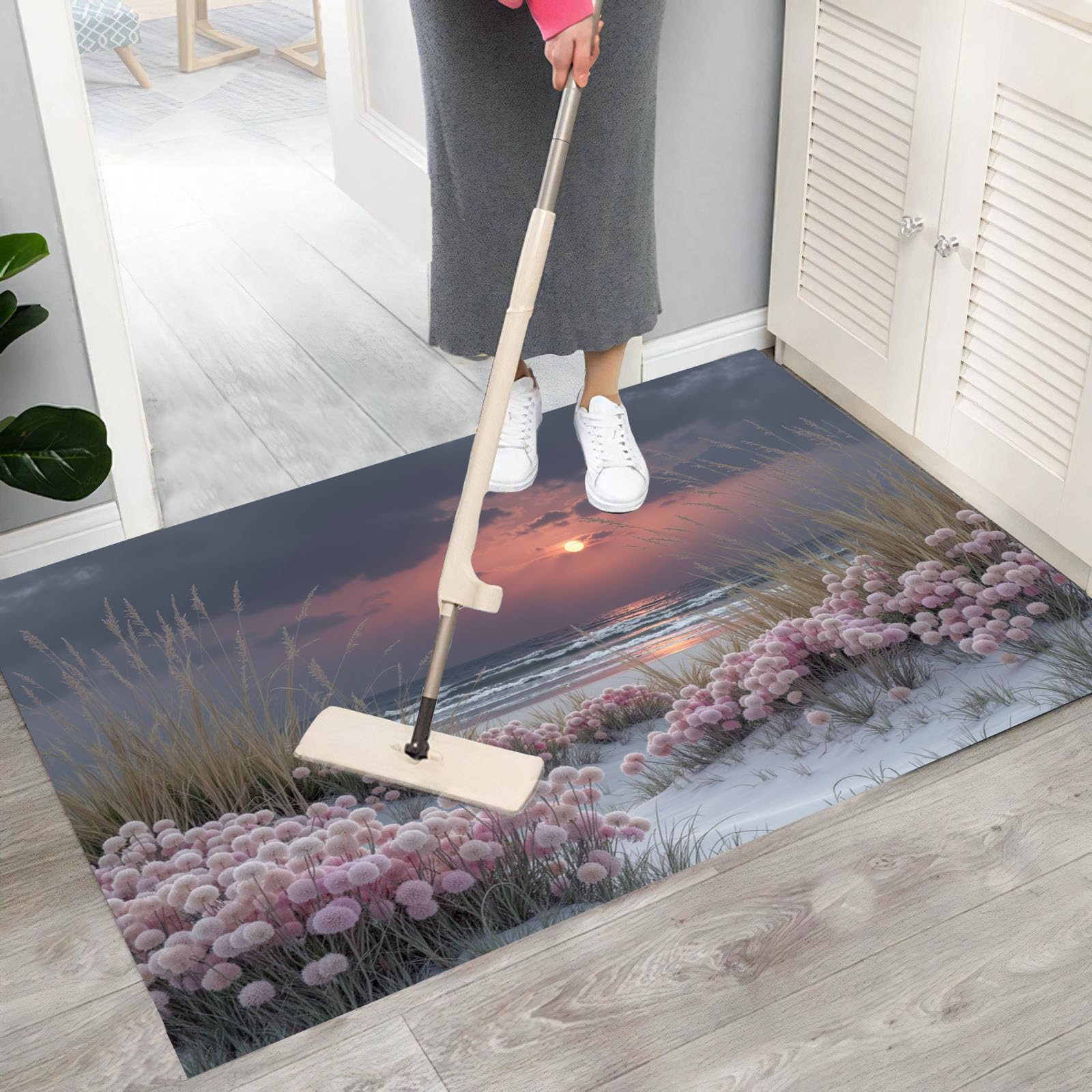 Tapis Sunset Beach 90X150Cm en Fausse Laine Rose Gris pour Salle De Bain Cuisine, Petit Paillasson D'Entrée D'Intérieur, Paysage Végétal, Tapis De Sol Antidérapant Lavable