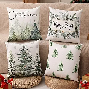 Double-Sided Print Christmas Pillow Covers 20"x20" Set of 4, 8 Cute Christmas Patterns, Tree, Merry Christmas, Truck, Merry & Bright, Let It Snow, Etc, Perfect for Home Decor