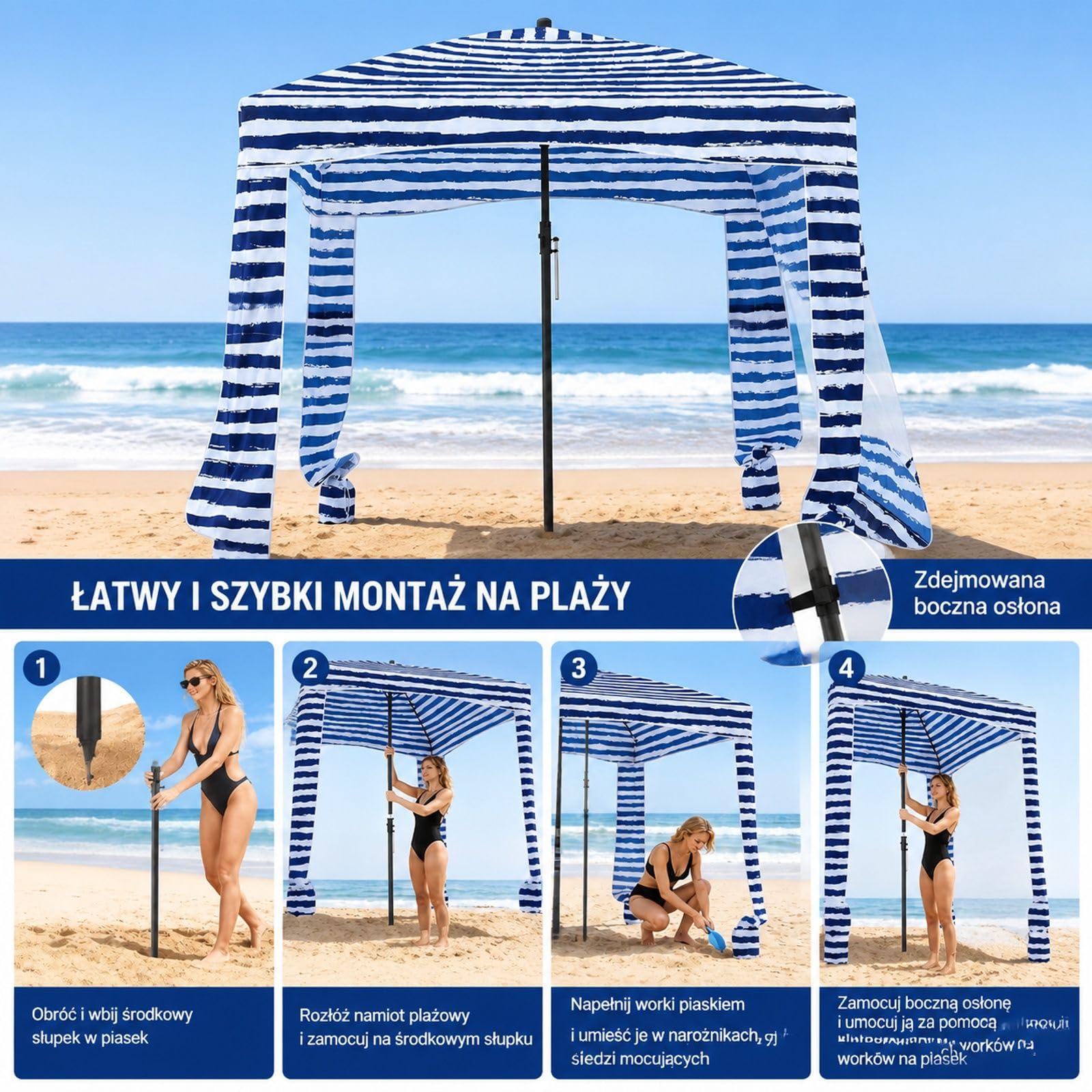 Kabana plażowa z panelem bocznym i workami na piasek, granatowe paski do użytku na plaży