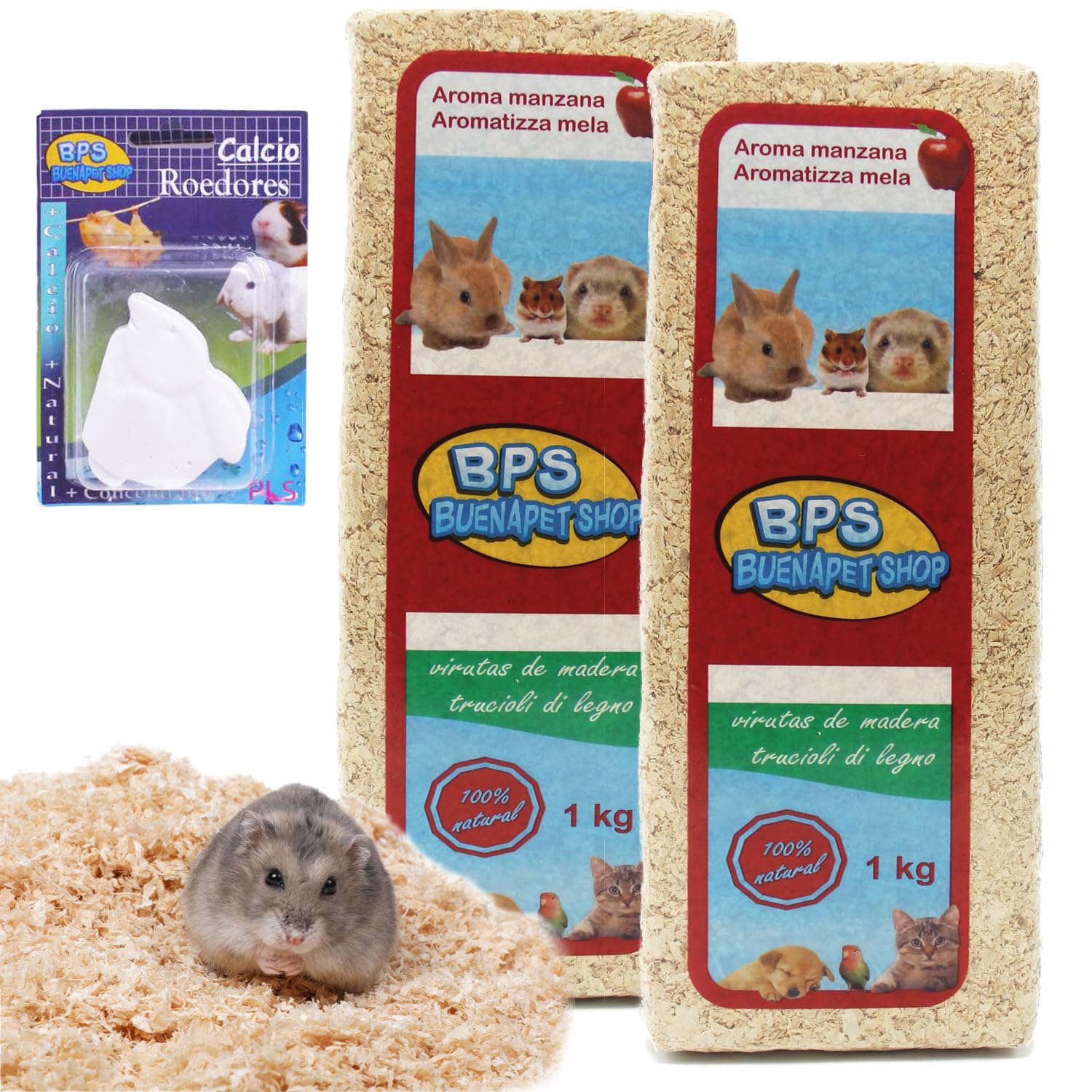 BPS Virutas de Madera Lecho Higienico para Mascotas (Regalo 1Kg Calcio Roedores) Serrín para Gato Animales Pequeños Hámster Conejo Loro Ardilla (2 Kg, Aromo Manzana) BPS-4052 * 2