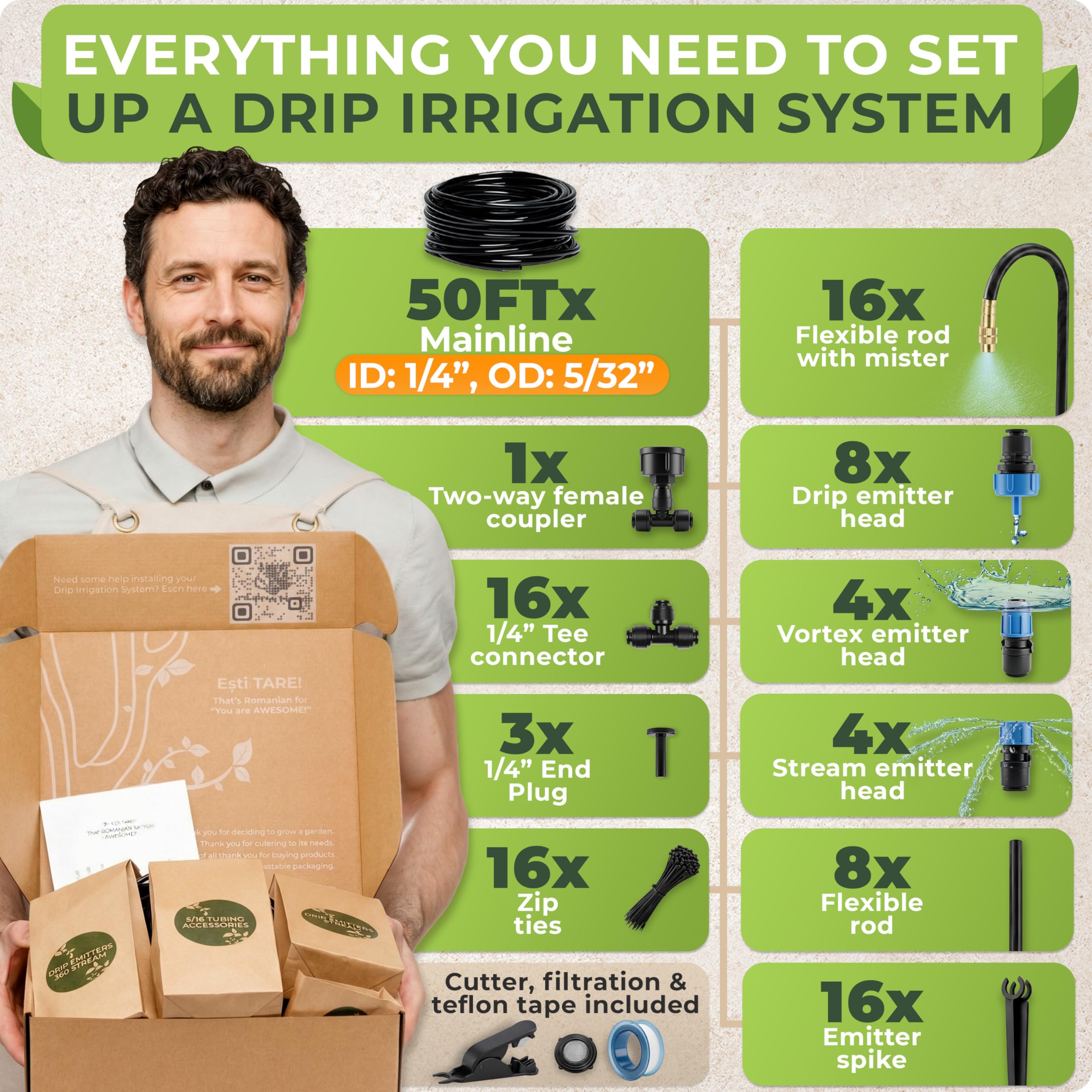 CARPATHEN Kit sistema di irrigazione a goccia con ugelli in rame atomizzatore, 15,2 m | Per aiuole rialzate, piante in vaso o serra con 16 ugelli per irrigazione regolabili a 360°