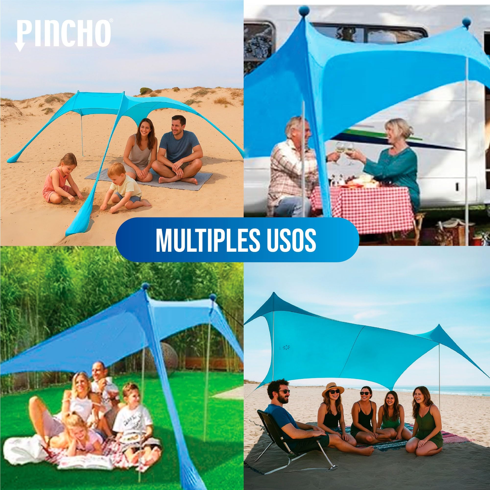 PINCHO Carpa Playa Portátil UPF50+ 210x210 cm para 2-3 Personas, Toldo Playa Plegable con Anclas de Arena, Palos de Aluminio y Refugio Solar Resistente al Viento para Camping y Jardin