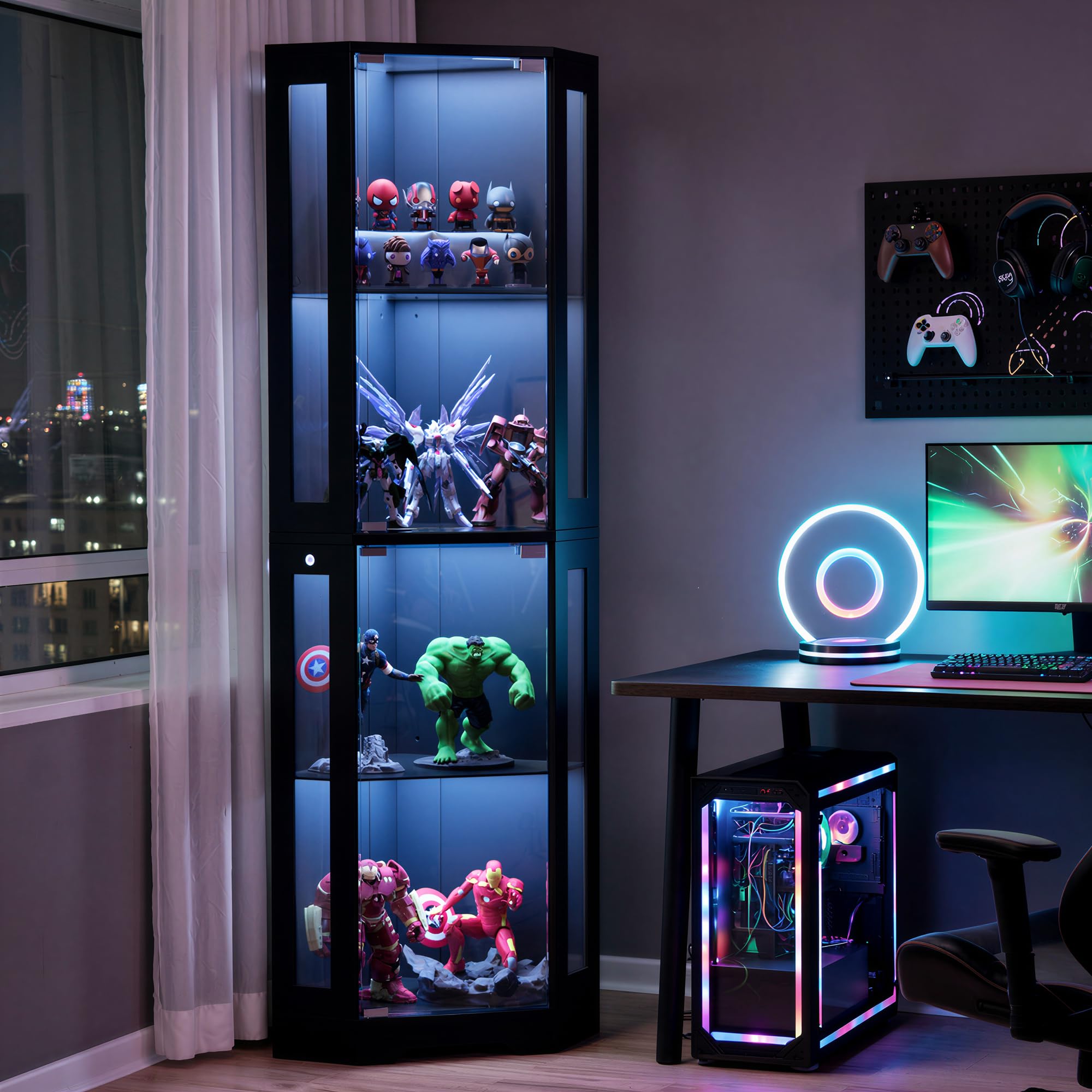 Vitrina esquinera de 4 Niveles con Puertas de Cristal para Dormitorio/Estudio, Vitrina de Cristal de 165cm con iluminación LED para coleccionistas y Sala de Estar, Negro