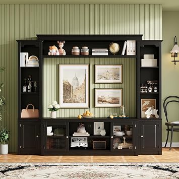 4-Piece Entertainment Center Wall Unit for TVs up to 65", Modern TV Stand with Bookshelves, Glass Doors & 4 Adjustable Shelves, Large Media Console Table with Display Cabinet for Living Room, Black