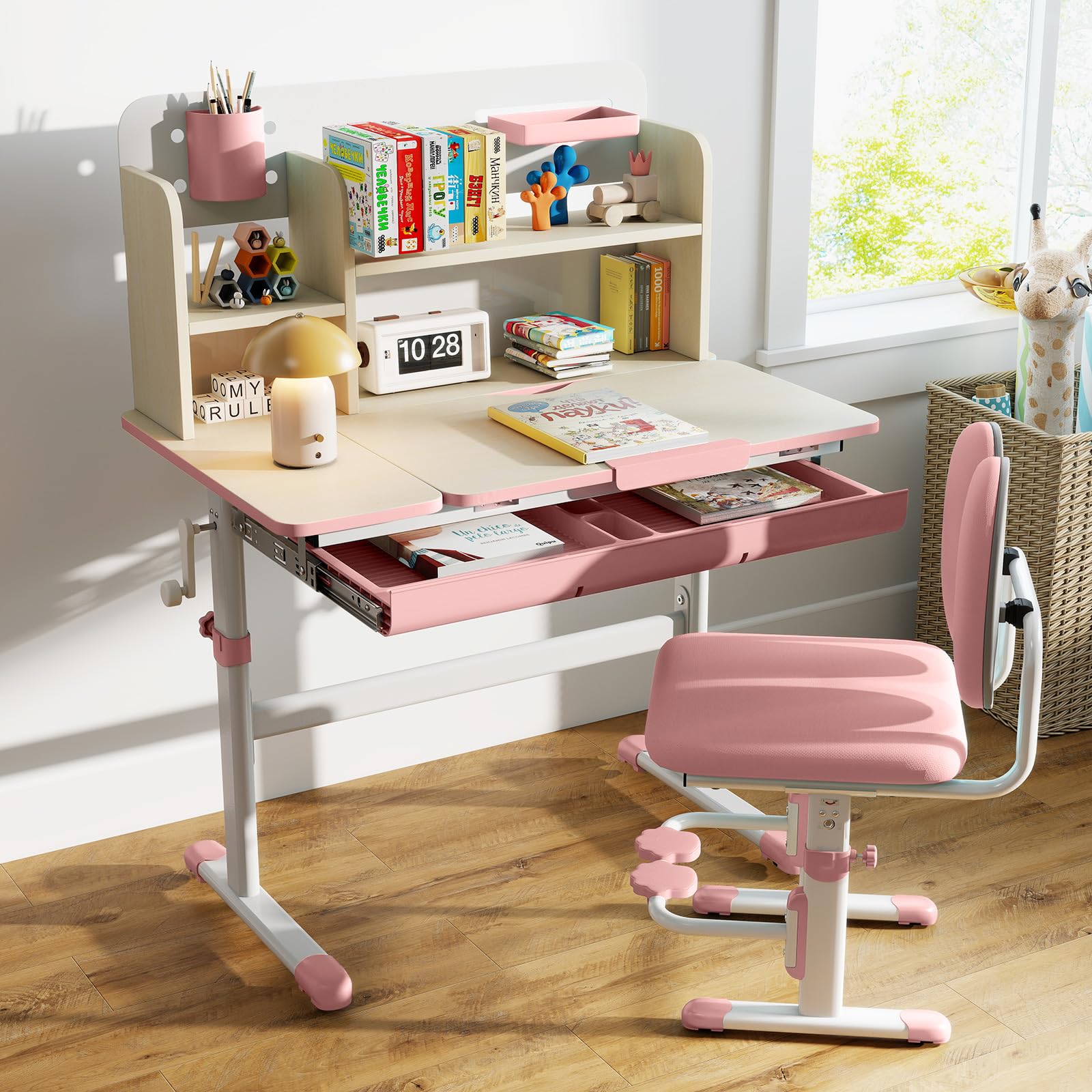 DREAMADE Bureau Enfant 2 Niveau Plateau Inclinable Hauteur Réglable Table d'Étude Ergonomique Bibliothèque Tiroir Charge 100KG Rose