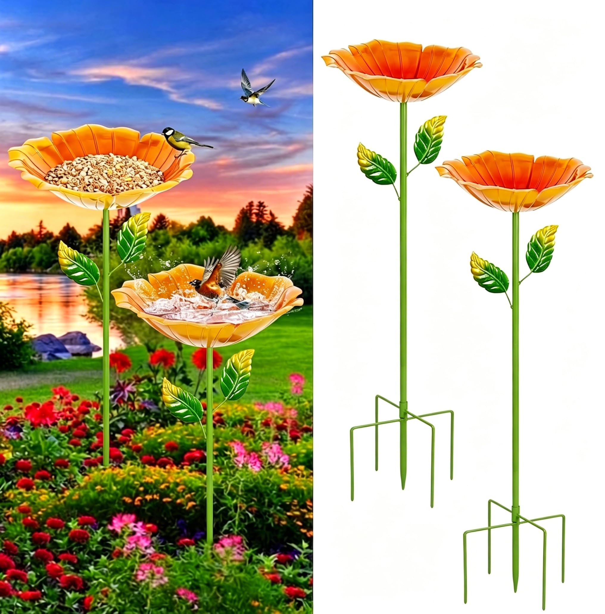 Vogeltränke für den Garten, 2er Set Metall Vogelbad Blume, 27cm Ø Großes Vogelbecken, Frostfest & Wetterfest, Stehende Wassertränke für Wildvögel, Dekorative Blumen Vogeltränke für Garten Hinterhof