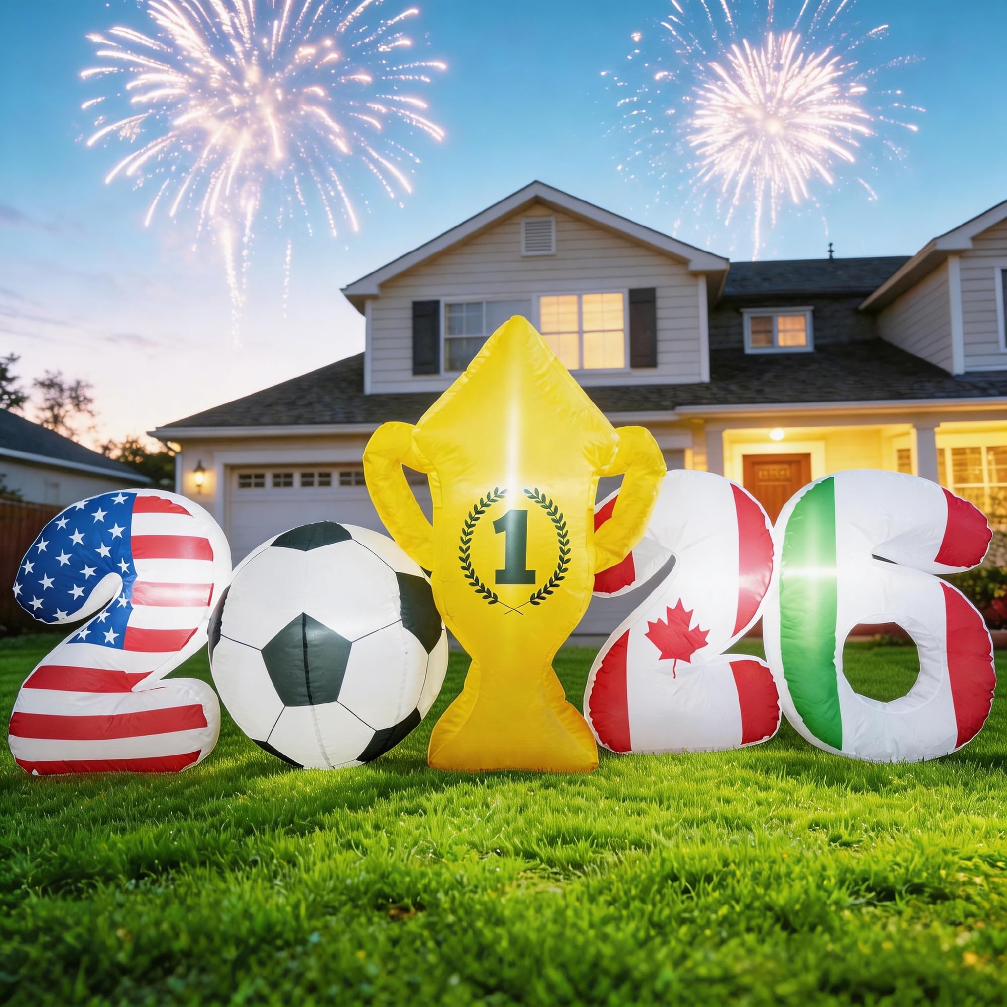 Photo 1 of 2026 World Soccer Inflatables 7.4FT with LED Lights - Soccer Yard Decorations with Flags & Trophy, Built-in Light Up Blow Up Decor for Outdoor Lawn Party, Home Garden Décor