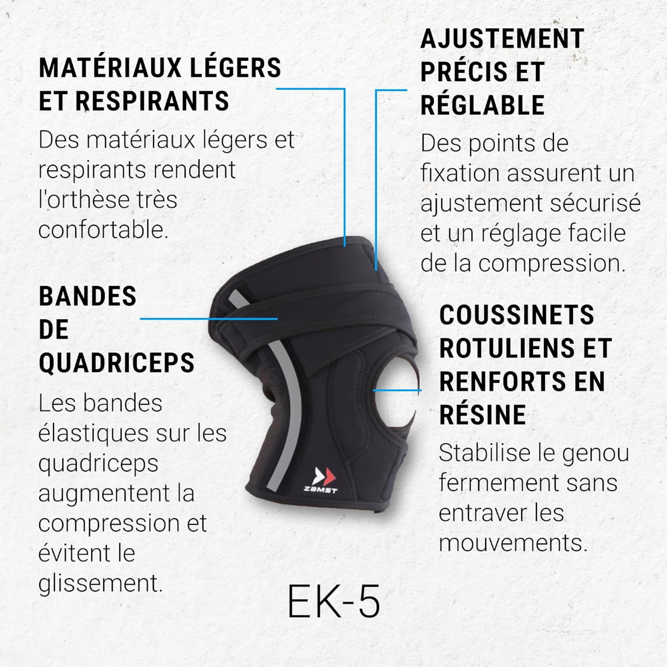 Zamst EK-5 Genouillère de sport à compression ajustable - Genouillère avec stabilisation latérale pour hommes et femmes, pour un soutien général du genou et soulagement de la douleur - Taille L