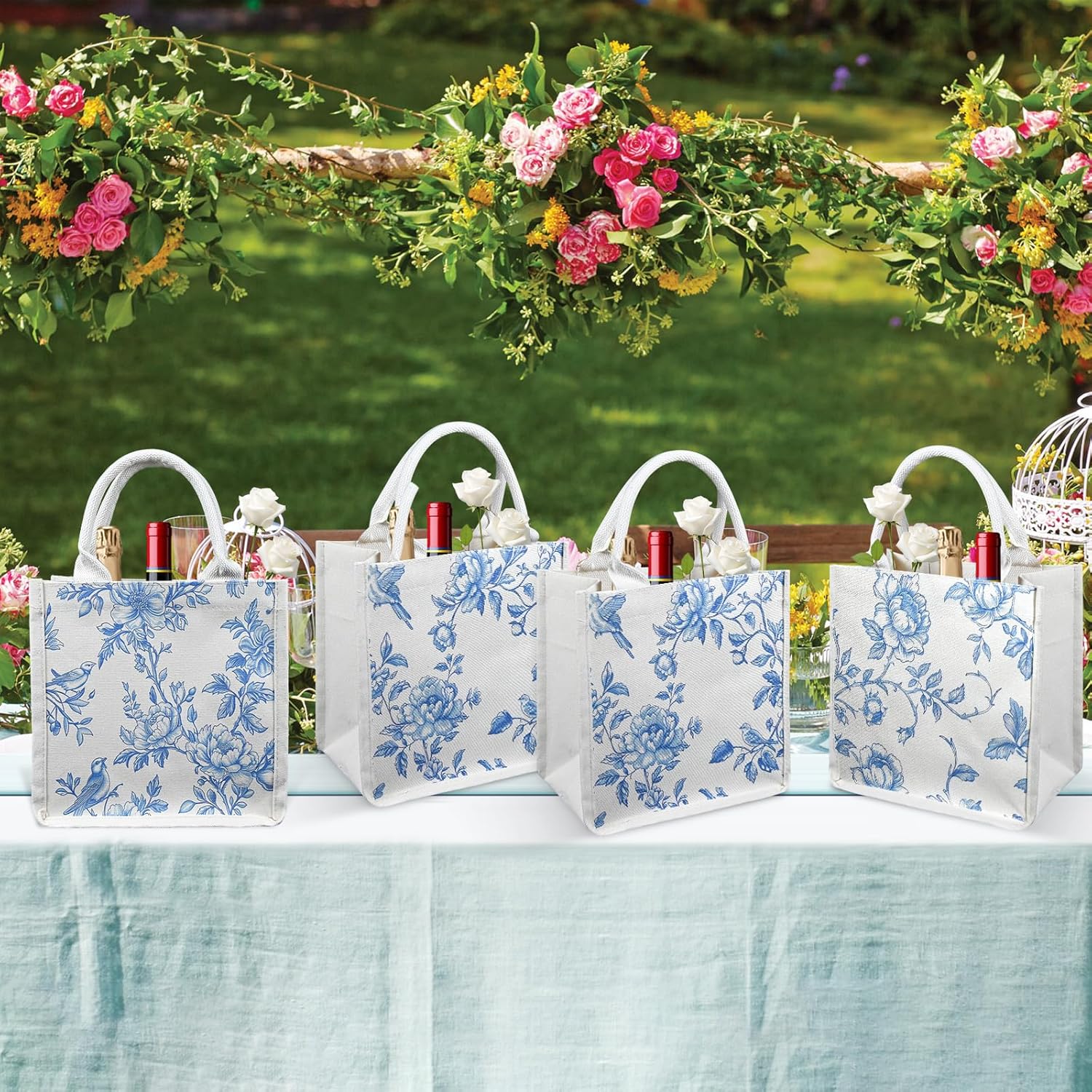 Blue and White Floral Burlap Tote Bags Chinoiserie Jute Tote Bags with Handles for Wedding Bridal Wedding Decor - Image 3