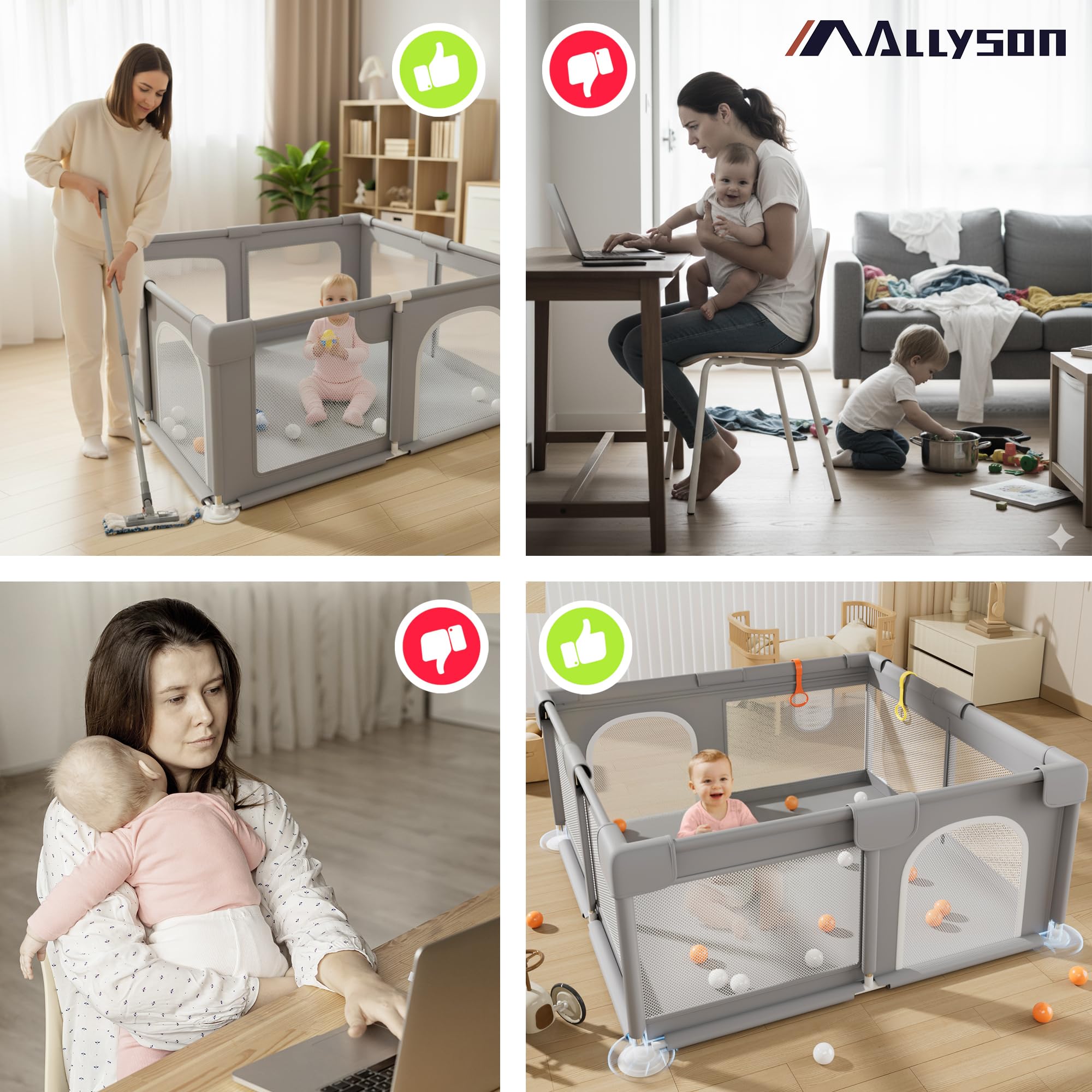 Allyson® Laufstall Baby mit Matte 130x130 cm, Großes Faltbares Laufgitter & Playpen sicher & stabil, Kleinkinder Kinderlaufstall Indoor & Outdoor, Spielgitter Zaun, tragbarer klappbar - Grau