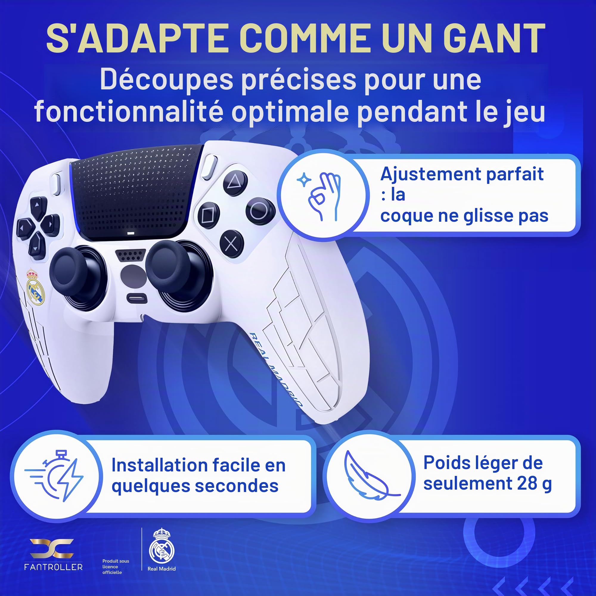 Étui de protection pour manette PS5 au design officiel du Real Madrid pour une protection et une adhérence maximales - Disponible en bleu et blanc