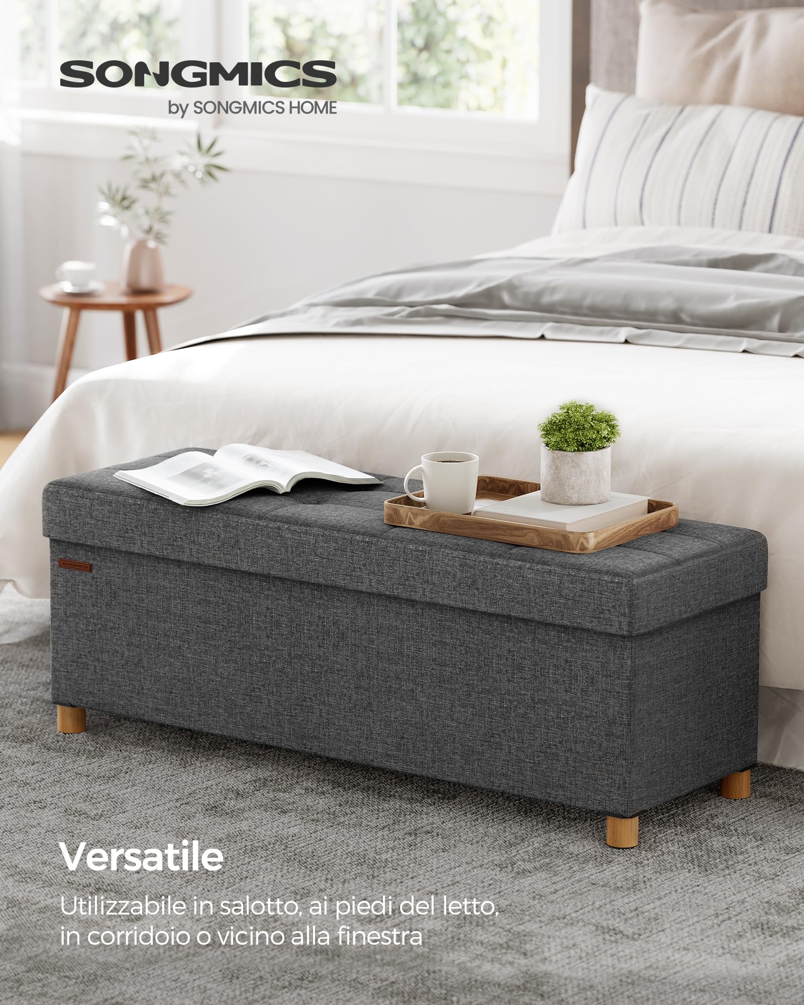 SONGMICS Cassapanca, Pouf Contenitore, Poggiapiedi Pieghevole 38 x 110 x 40 cm, Ottomano con Gambe in Legno, Regge fino a 300 kg, per Soggiorno, Camera da Letto, Dormitorio, Grigio Ardesia LSF018G11