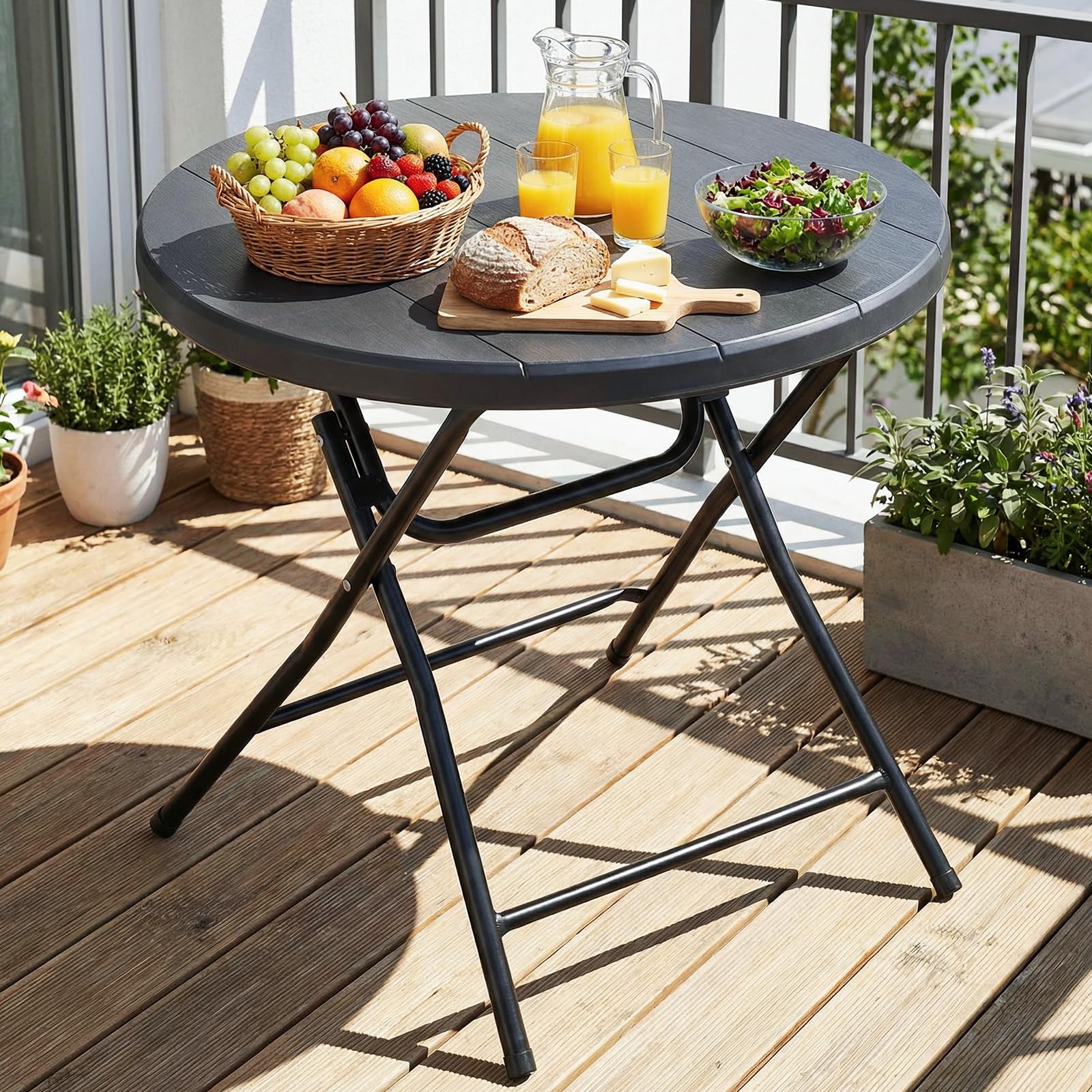 LIFERUN Gartentisch Rund Holz-Optik, Klapptisch, Klein Esstisch HxD: 74x80 cm, Balkontisch mit 4PCS Tischbeine, Campingtisch Wetterfest, Pflegeleicht, Hohe Stabilität, für Balkon, Garten & Terrasse