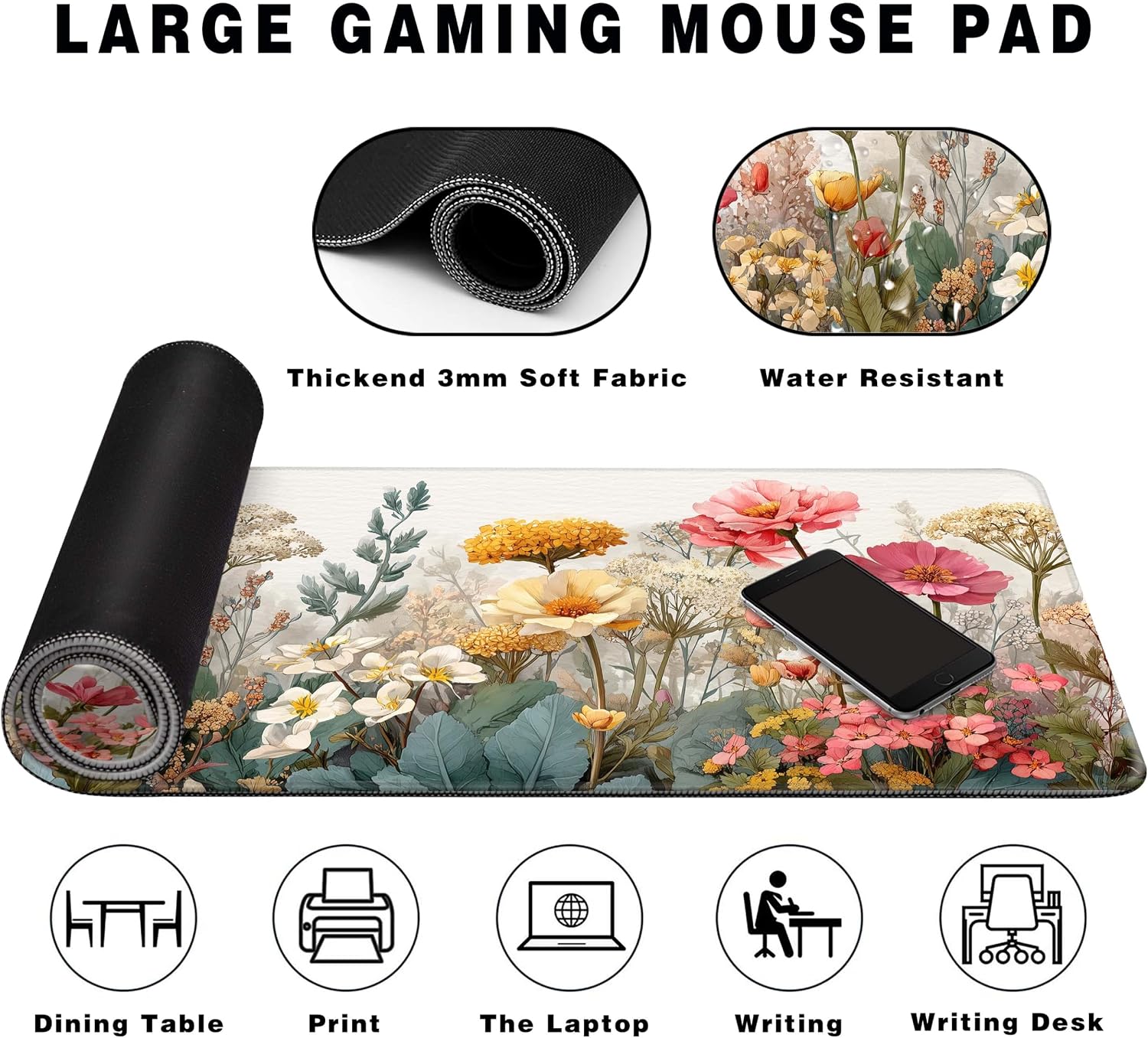 Extended Gaming Mouse Pad Anime Large Desk Pad with Non-Slip Base Full Keyboard Mat with Stitched Edges for Gaming and Office 31.5 x 11.8 inches (Wild Flower) image 4