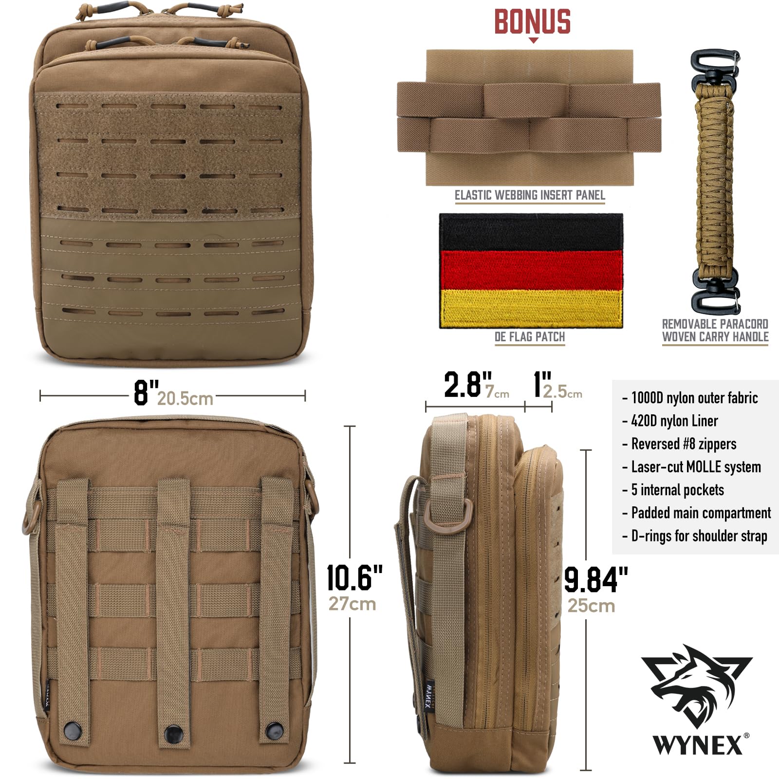 WYNEX Borsa Tattica Molle Admin, Organizer Utility EDC Modulare con Design a Doppio Strato Fissaggio EMT Medica Grande Capacità, Marrone coyote