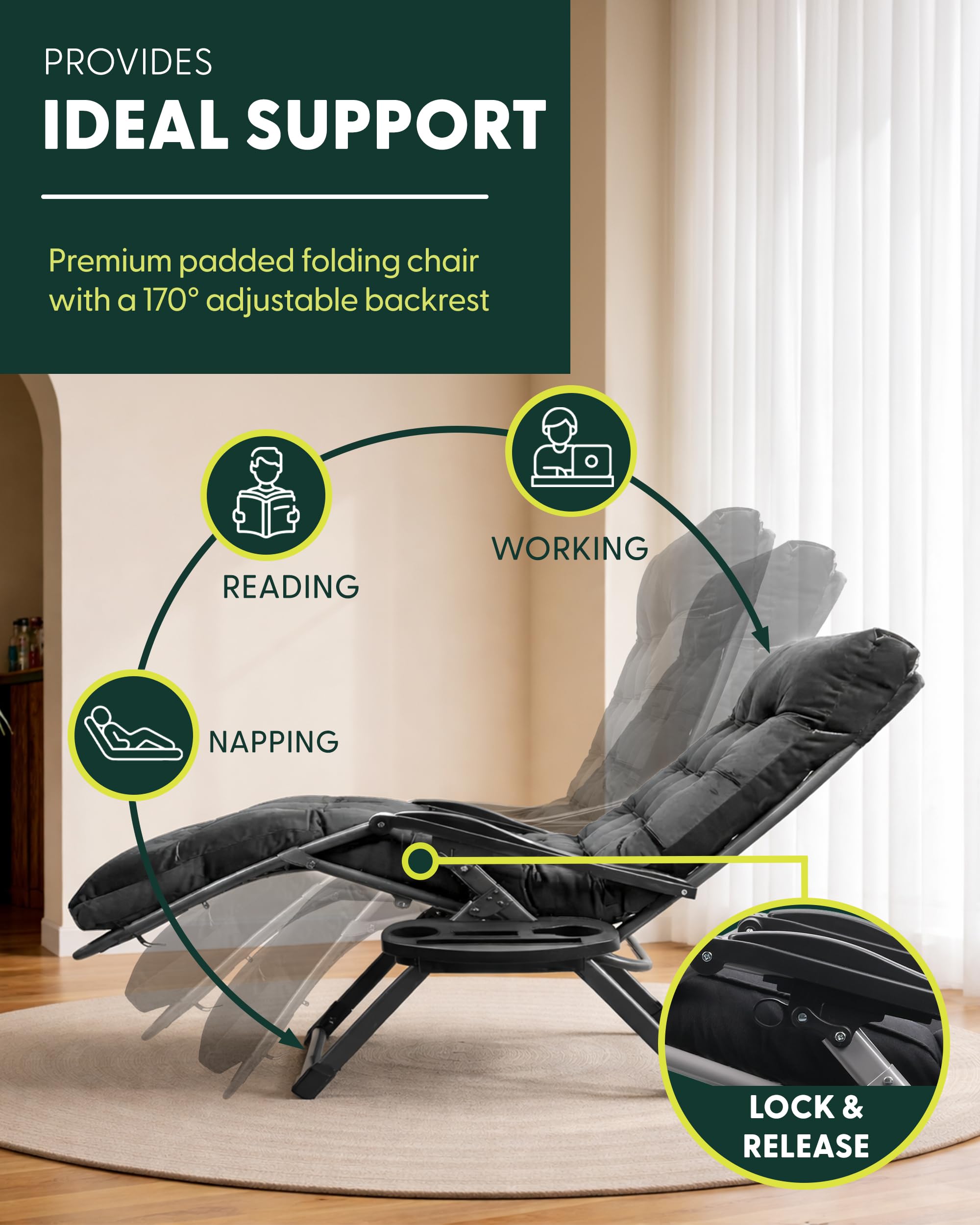 KEPLIN Square Tube Gravity Chair with Cushion 1 Pack – Extra Wide 72cm Zero Gravity Reclining Garden Chair, Reinforced Frame Supports 150kg, Locking System, Cup Holder, Foldable Sun Lounger — view 4