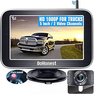DoHonest Wireless Backup Camera HD 1080P 5“ Split Screen Monitor System for Truck Car Camper Small RV Bluetooth Rear View Cam 2.4G Stable Digital Signal Two Channels Night Vision Waterproof V25