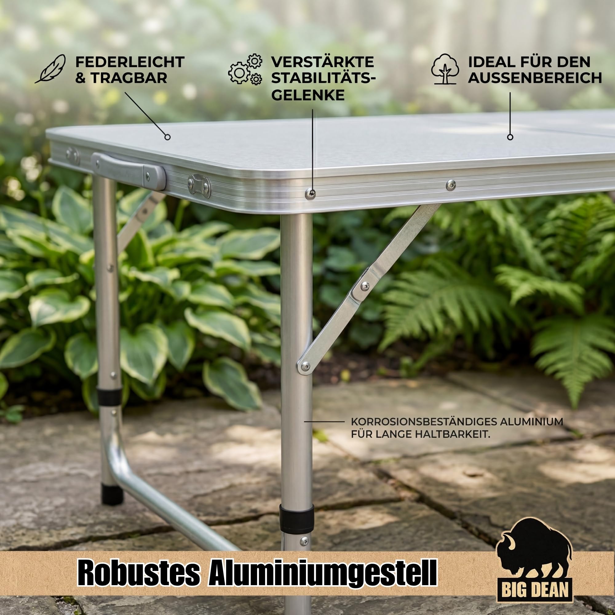 BigDean Klapptisch Campingtisch 120x60cm Höhenverstellbar & Stabil Alu Gestell mit Tragegriff