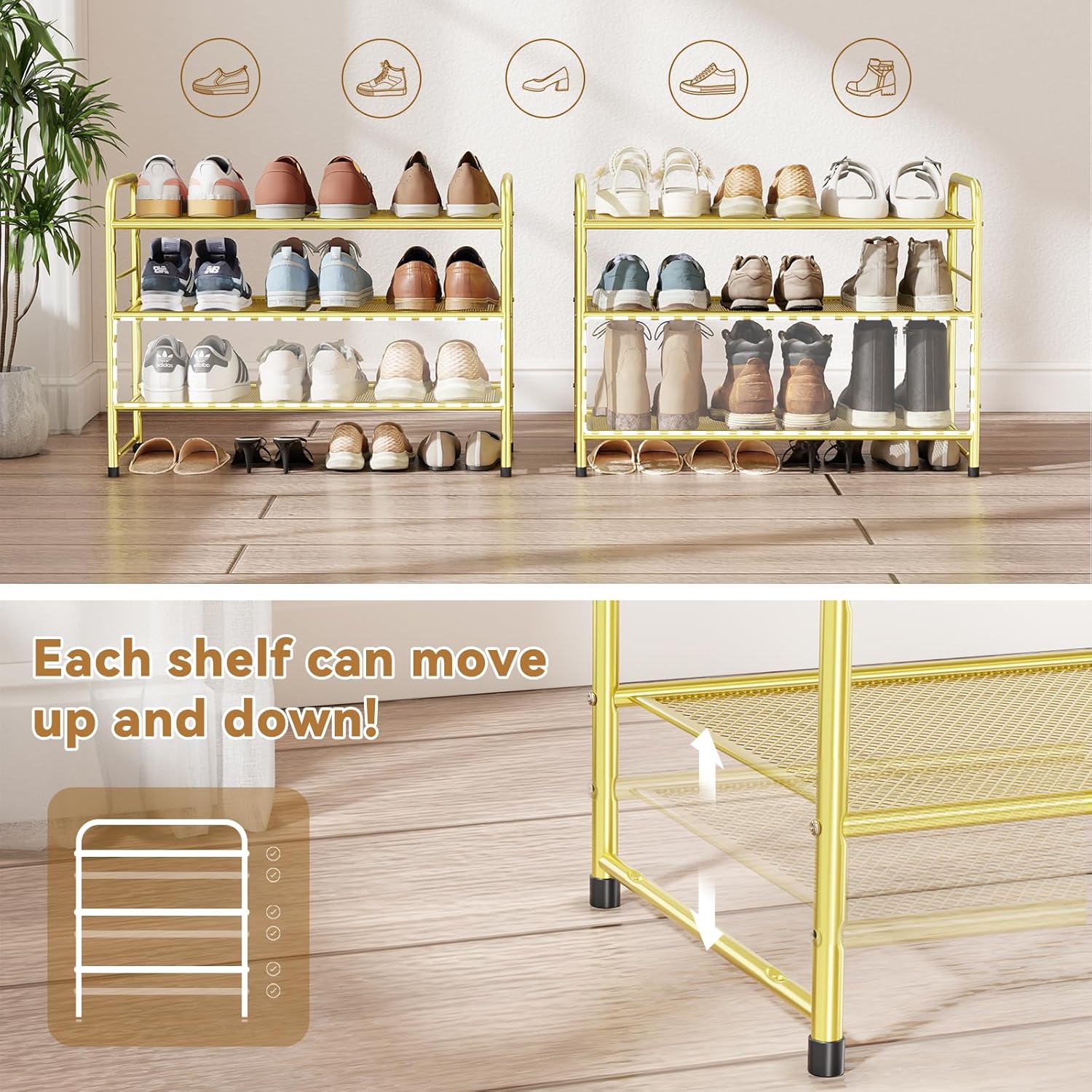 Modern Shoe Rack, 3 Tier Heavy Duty Metal Mesh Shoe Shelf 27 Inch Wide, Gold