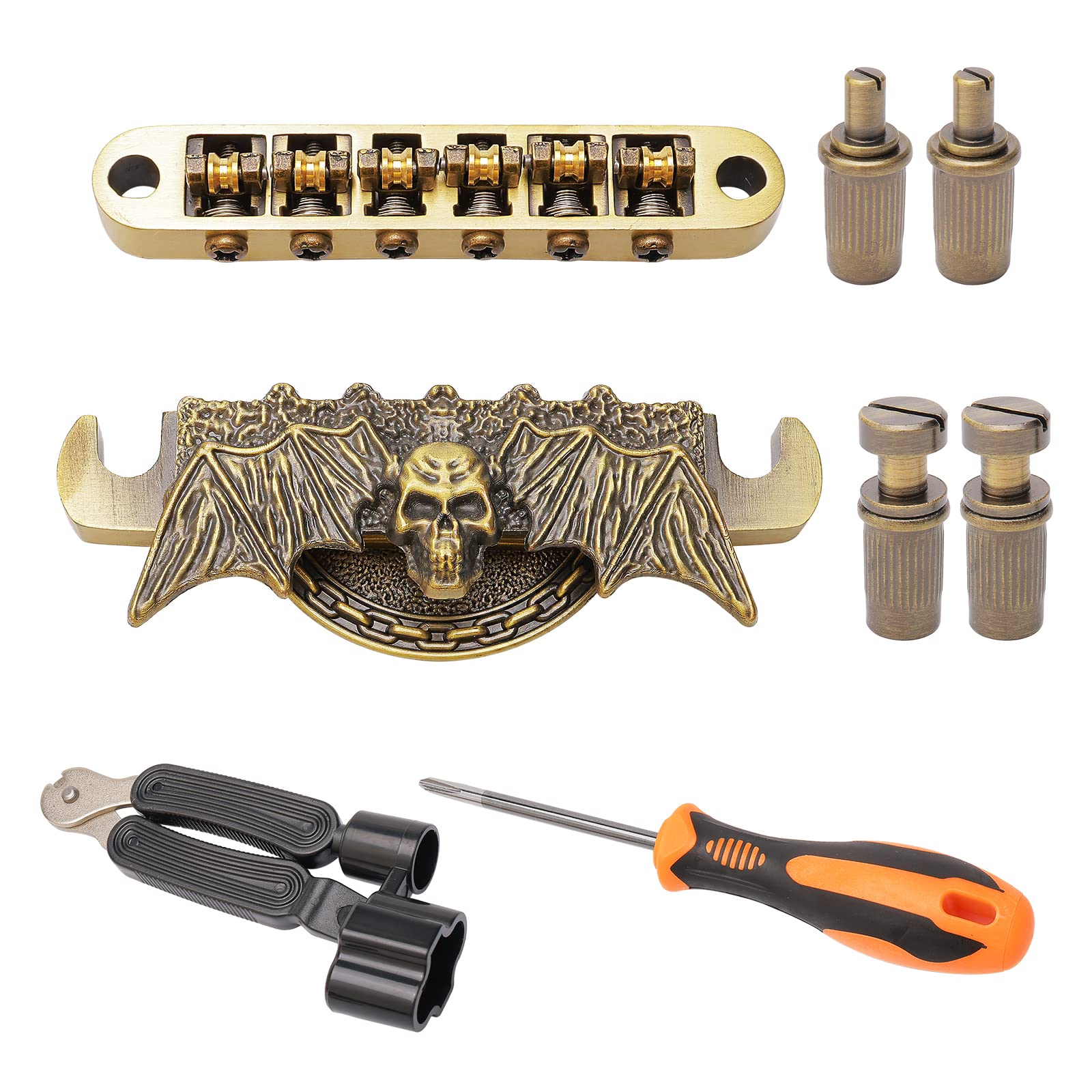 Unxuey 6 String Bronze Guitar Roller Saddle Tune-O-Matic Bridge Tailpiece for LP Electric Guitar Replacement Parts,Include Guitar Mounting Accessories Strings,String Winder 3 IN 1 and Screwdriver